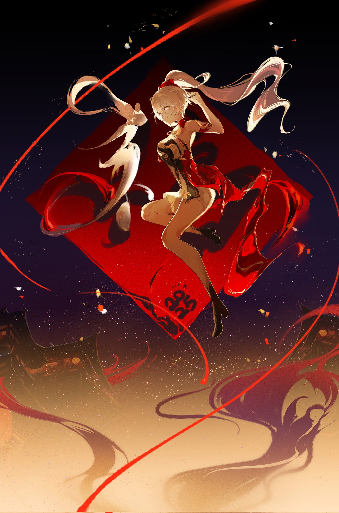 kiana kaslana, kiana kaslana (ba-dum! fiery wishing star), honkai (series), honkai impact 3rd, highres, 1girl, 2025, blue eyes, breasts, chinese clothes, chinese new year, chinese zodiac, closed mouth, full body, long hair, medium breasts, midori moi, ponytail, rice cake (honkai impact), solo, very long hair, white hair, year of the snake
