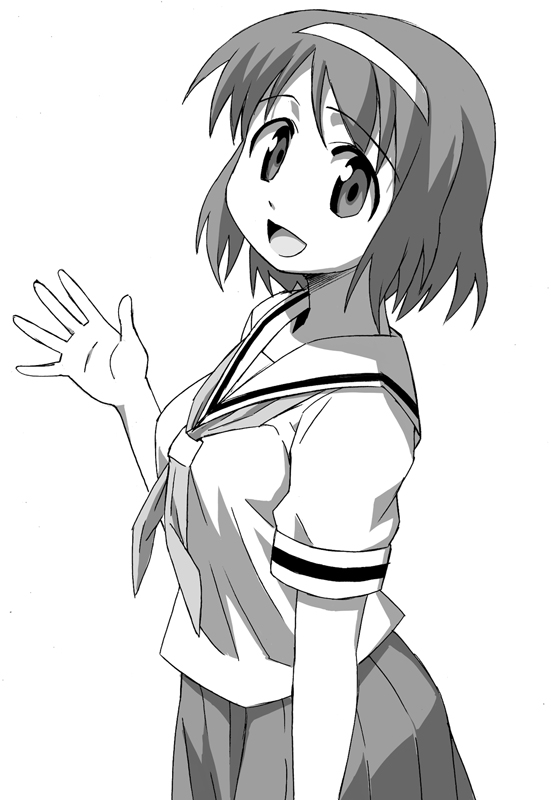anbe masahiro, nagatsuki sanae, shinryaku! ikamusume, 1girl, female focus, greyscale, hairband, headband, monochrome, open mouth, school uniform, serafuku, simple background, solo, standing, white background