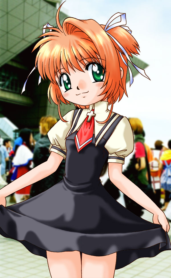 kamio misuzu, kinomoto sakura, air (visual novel), cardcaptor sakura, tokyo big sight, 1girl, blush, blush stickers, brown hair, child, clothes lift, cosplay, cross, dress, dress lift, green eyes, kamio misuzu (cosplay), looking at viewer, multiple boys, multiple girls, outdoors, photo background, school uniform, serafuku, short hair, skirt, skirt lift, smile, solo focus, tomoeda middle school uniform