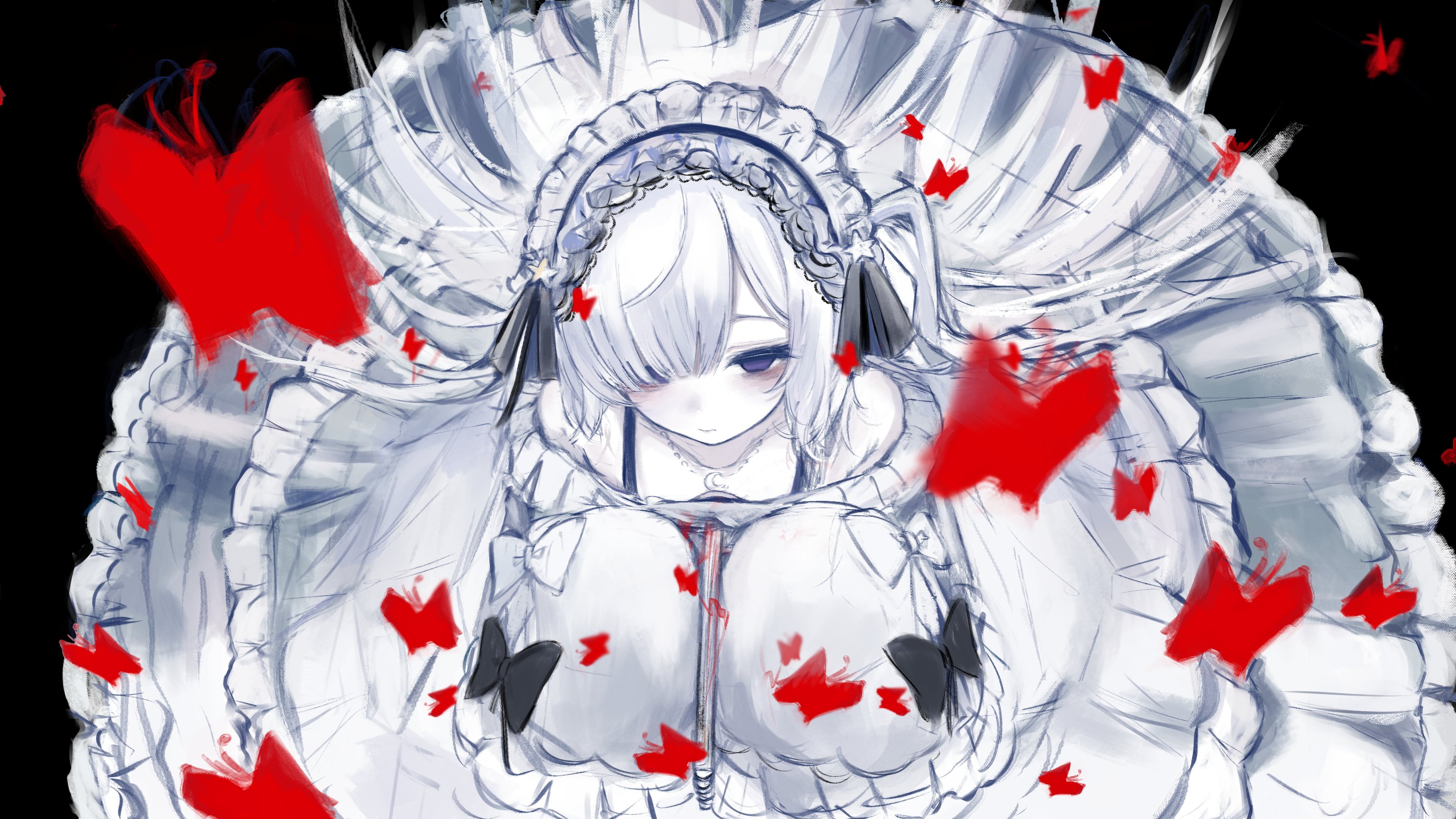 kowai7305, natsume anan, mahou shoujo no majo saiban, absurdres, commentary request, highres, 1girl, bug, butterfly, closed mouth, dress, frilled dress, frills, from above, gothic lolita, hair over one eye, hairband, insect, lolita fashion, lolita hairband, long hair, long sleeves, looking at viewer, looking up, magical girl, one side up, partially colored, red butterfly, sleeves past fingers, sleeves past wrists, solo, spot color, very long hair