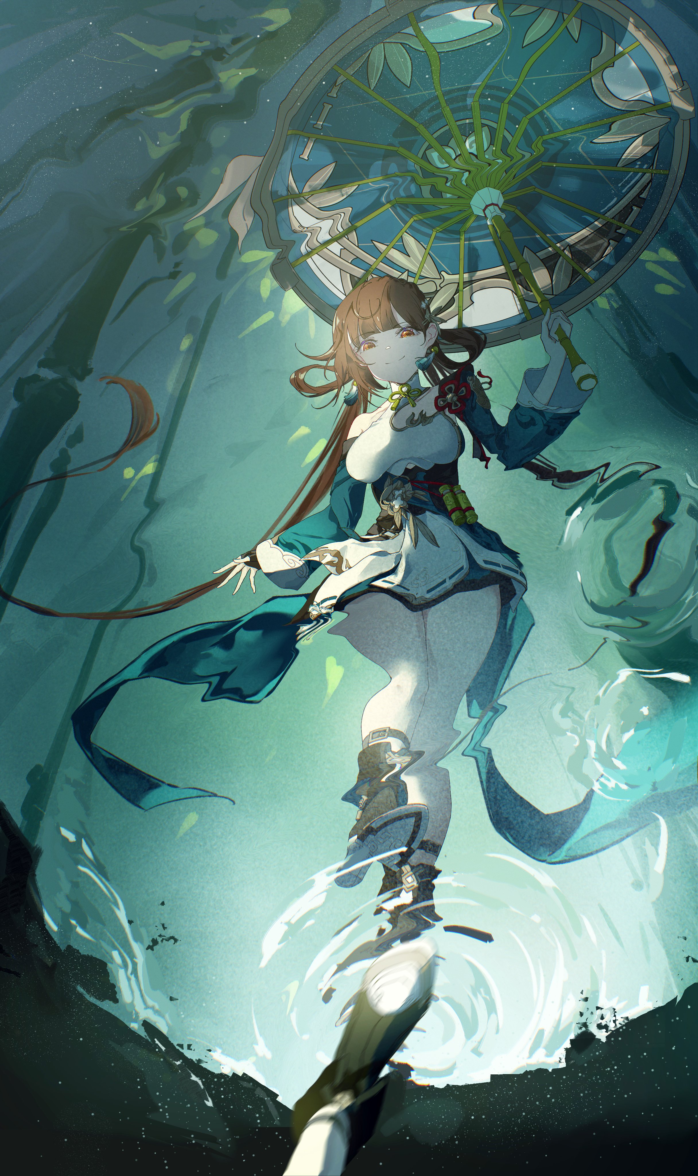 li sushang, li sushang (peregrine sword), honkai (series), honkai impact 3rd, absurdres, hashtag-only commentary, highres, 1girl, bamboo, bamboo forest, breasts, brown eyes, brown hair, forest, full body, holding, holding umbrella, large breasts, long hair, midori moi, nature, outdoors, reflection, reflective water, solo, standing, umbrella, very long hair