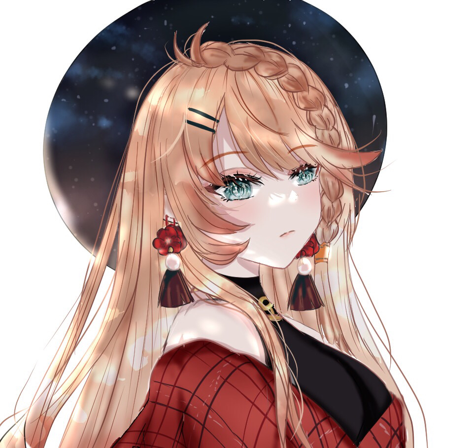 dismaer, howe (azur lane), howe (noble rouge) (azur lane), azur lane, commentary, english commentary, 1girl, bare shoulders, blonde hair, blue eyes, breasts, dress, earrings, jewelry, large breasts, long hair, looking at viewer, off-shoulder dress, off shoulder, official alternate costume, plaid clothes, plaid dress, red dress, simple background, solo, white background