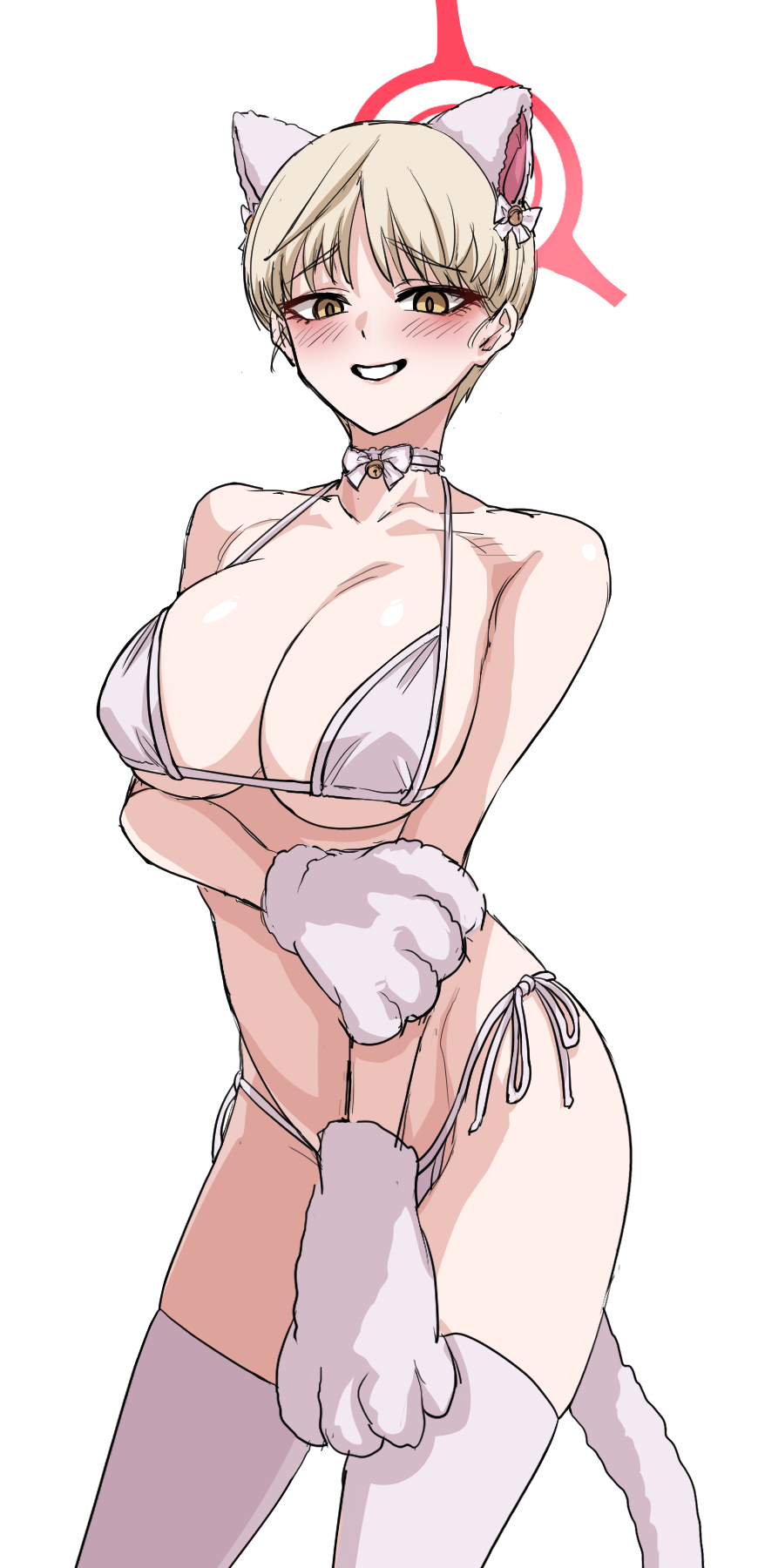 kimleon, marina (blue archive), blue archive, variant set, 1girl, animal ears, arm at side, arm under breasts, bikini, blonde hair, blush, breasts, cat ears, cat tail, collarbone, dot nose, embarrassed, fake animal ears, fake tail, feet out of frame, female focus, gloves, grin, halo, hand on own arm, large breasts, looking at viewer, matching hair/eyes, nervous, nervous smile, paw gloves, red halo, short hair, simple background, smile, solo, standing, swimsuit, tail, thighhighs, tomboy, white background, white bikini, white gloves, white thighhighs, yellow eyes