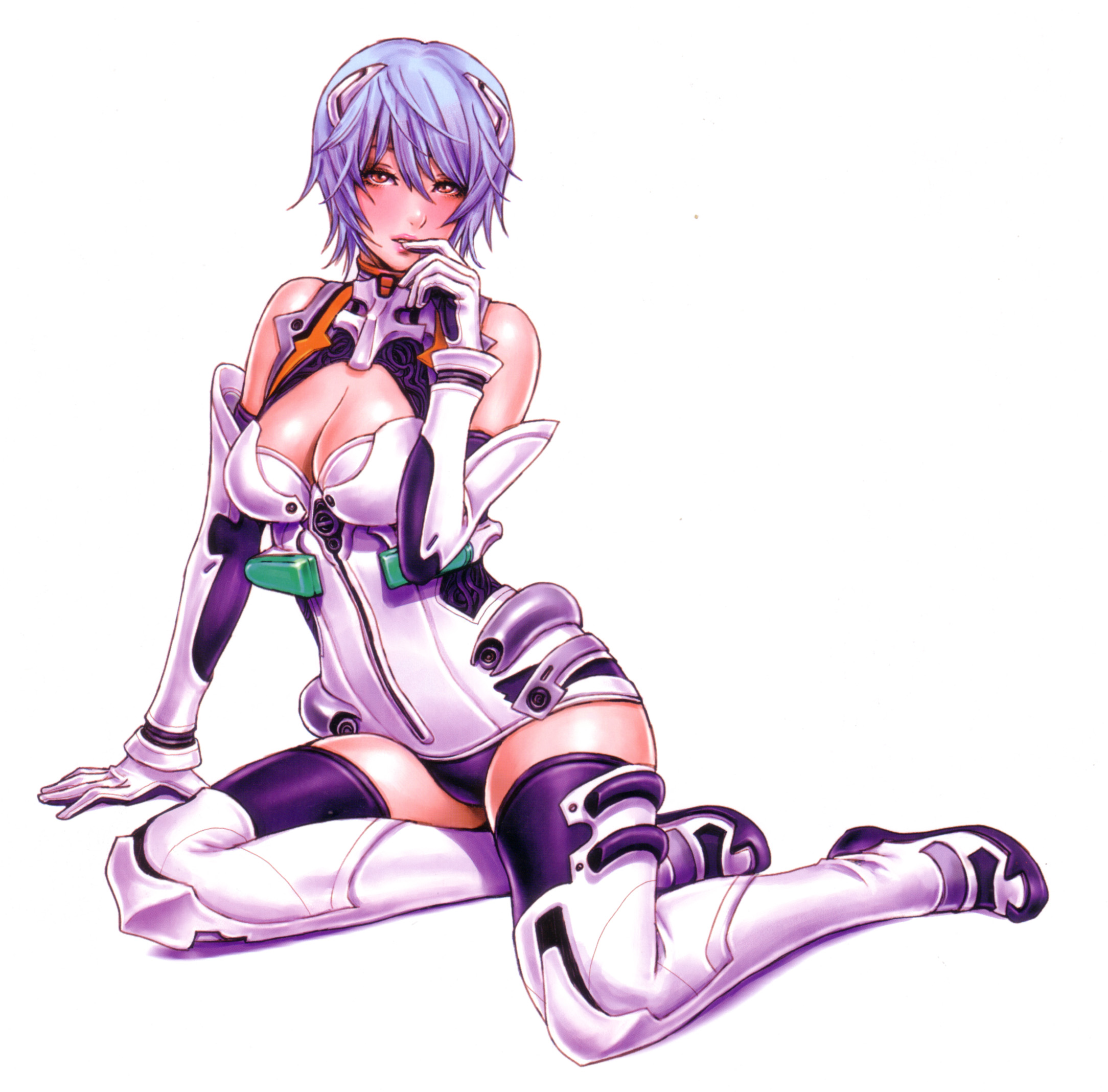 yamashita shun'ya, ayanami rei, neon genesis evangelion, wild flower, highres, 1girl, adapted costume, aged up, alternate breast size (larger), arm support, blue hair, boots, bracer, breasts, cleavage, cleavage cutout, clothing cutout, elbow gloves, female focus, from side, full body, gloves, hair between eyes, half-closed eyes, halterneck, invisible chair, large breasts, leaning to the side, leotard, mecha pilot suit, plugsuit (evangelion), purple hair, red eyes, short hair, simple background, sitting, solo, thighhighs, thighs, white background, white boots, white thighhighs, wide hips