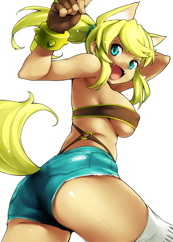 yurikawa, liru, renkin san-kyuu magical pokaan, 1girl, animal ears, aqua eyes, ass, bandeau bikini, belt bra, blonde hair, blue eyes, breasts, dark-skinned female, dark skin, denim, denim shorts, dog ears, dog tail, extra ears, fang, fangs, female focus, fingerless gloves, gloves, huge breasts, large breasts, ponytail, short hair, shorts, sideboob, solo, tail, underboob, wolf ears, wolf tail