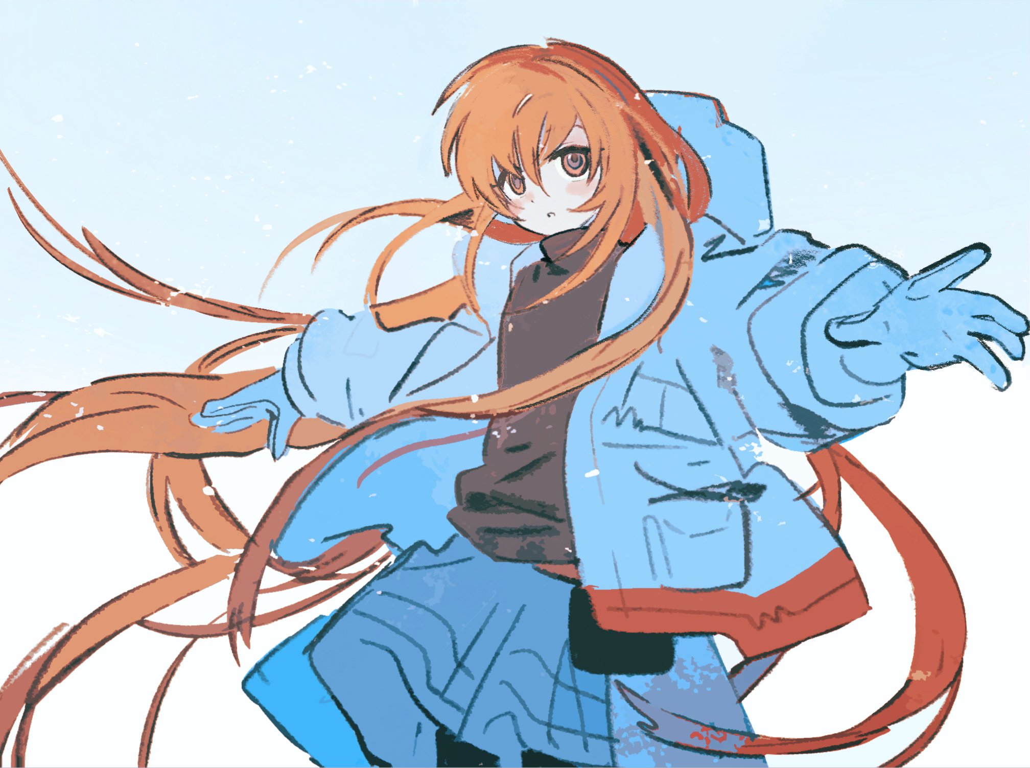 sfrabbit, adachi rei, a.i. voice, utau, highres, 1girl, alternate hair length, alternate hairstyle, black shirt, blush, coat, cowboy shot, flat chest, gloves, gradient background, hood, hooded coat, long hair, long sleeves, looking at viewer, open clothes, open coat, orange eyes, orange hair, outstretched arms, parted lips, ringed eyes, shirt, skirt, solo, spread arms, standing, turtleneck, very long hair, white coat, white gloves