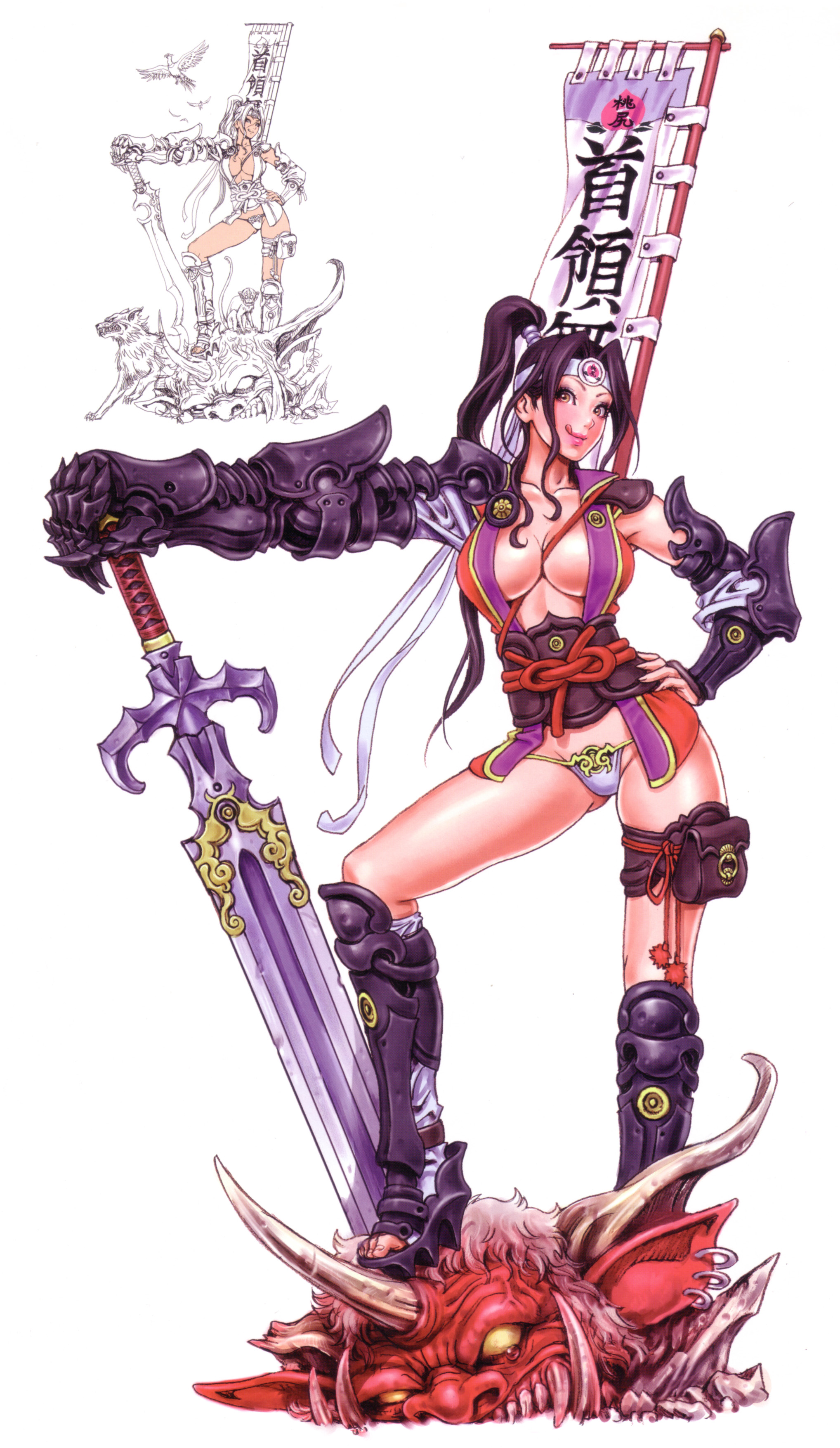 yamashita shun'ya, wild flower, absurdres, highres, 1girl, :q, armor, black hair, breasts, brown eyes, cleavage, demon, female focus, headband, long hair, no pants, oni, panties, ponytail, red oni, solo, sword, thigh strap, tongue, tongue out, underwear, weapon, zoom layer