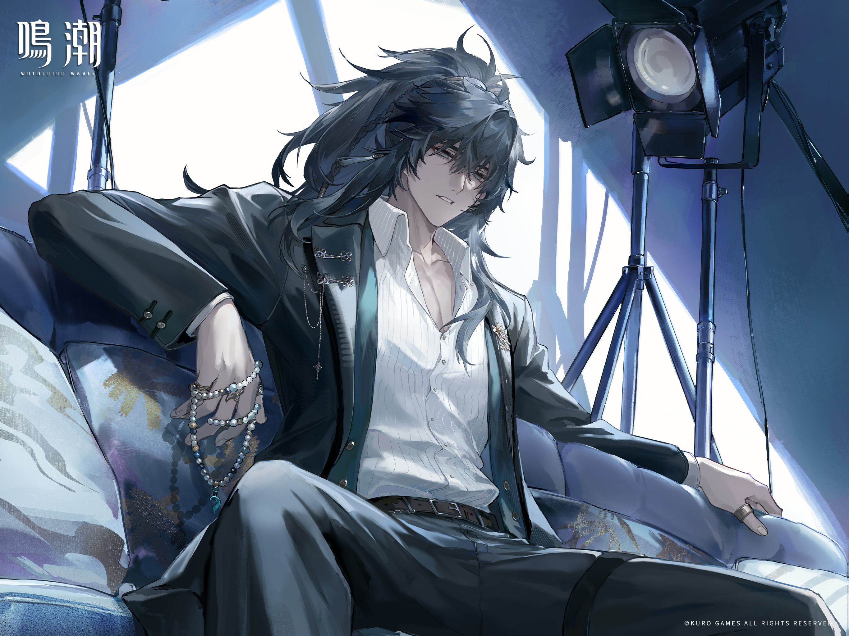 qiuyuan (wuthering waves), wuthering waves, commentary request, highres, official art, 1boy, belt, black hair, black jacket, black pants, blind, brown belt, collarbone, collared shirt, couch, grey eyes, half-closed eyes, holding, holding jewelry, holding necklace, jacket, jewelry, logo, long hair, long sleeves, looking at viewer, male focus, necklace, official alternate costume, on couch, open clothes, open jacket, pants, parted lips, ponytail, ring, shirt, sitting, solo, spotlight, unworn jewelry, unworn necklace, white shirt