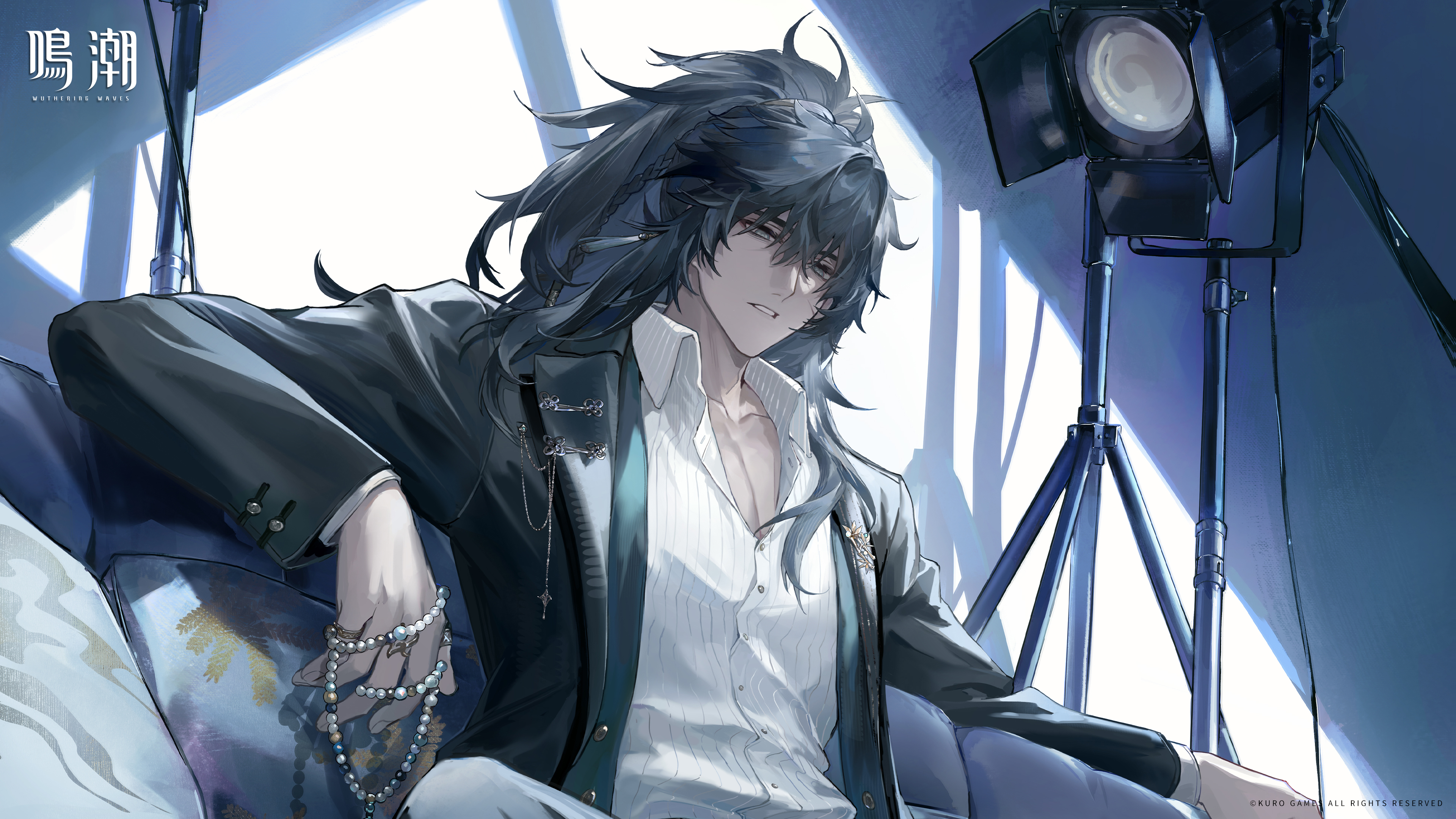 qiuyuan (wuthering waves), wuthering waves, absurdres, commentary request, highres, official art, 1boy, black hair, black jacket, blind, collarbone, collared shirt, couch, grey eyes, half-closed eyes, holding, holding jewelry, holding necklace, jacket, jewelry, logo, long hair, long sleeves, looking at viewer, male focus, necklace, official alternate costume, on couch, open clothes, open jacket, parted lips, ponytail, shirt, sitting, solo, spotlight, unworn jewelry, unworn necklace, white shirt