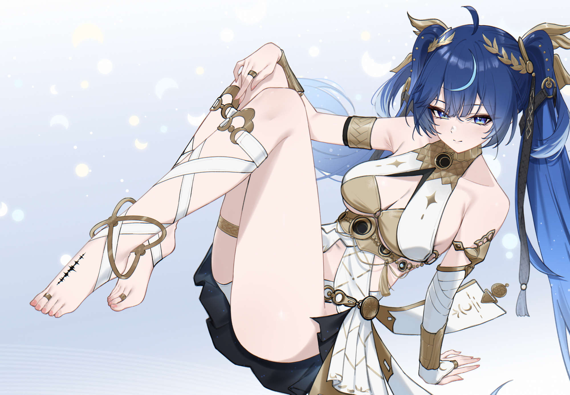 dongye1551, iuno (wuthering waves), wuthering waves, commentary, highres, 1girl, ahoge, ancient greek clothes, arm support, armlet, bare shoulders, barefoot, black skirt, blue eyes, blue hair, breasts, cleavage, closed mouth, feet, full body, gold bra, gradient hair, greco-roman clothes, hair belt, jewelry, laurel crown, leg wrap, looking at viewer, medium breasts, miniskirt, multicolored hair, showgirl skirt, skirt, smile, solo, streaked hair, tacet mark (wuthering waves), thighlet, thighs, toe ring, toes, twintails