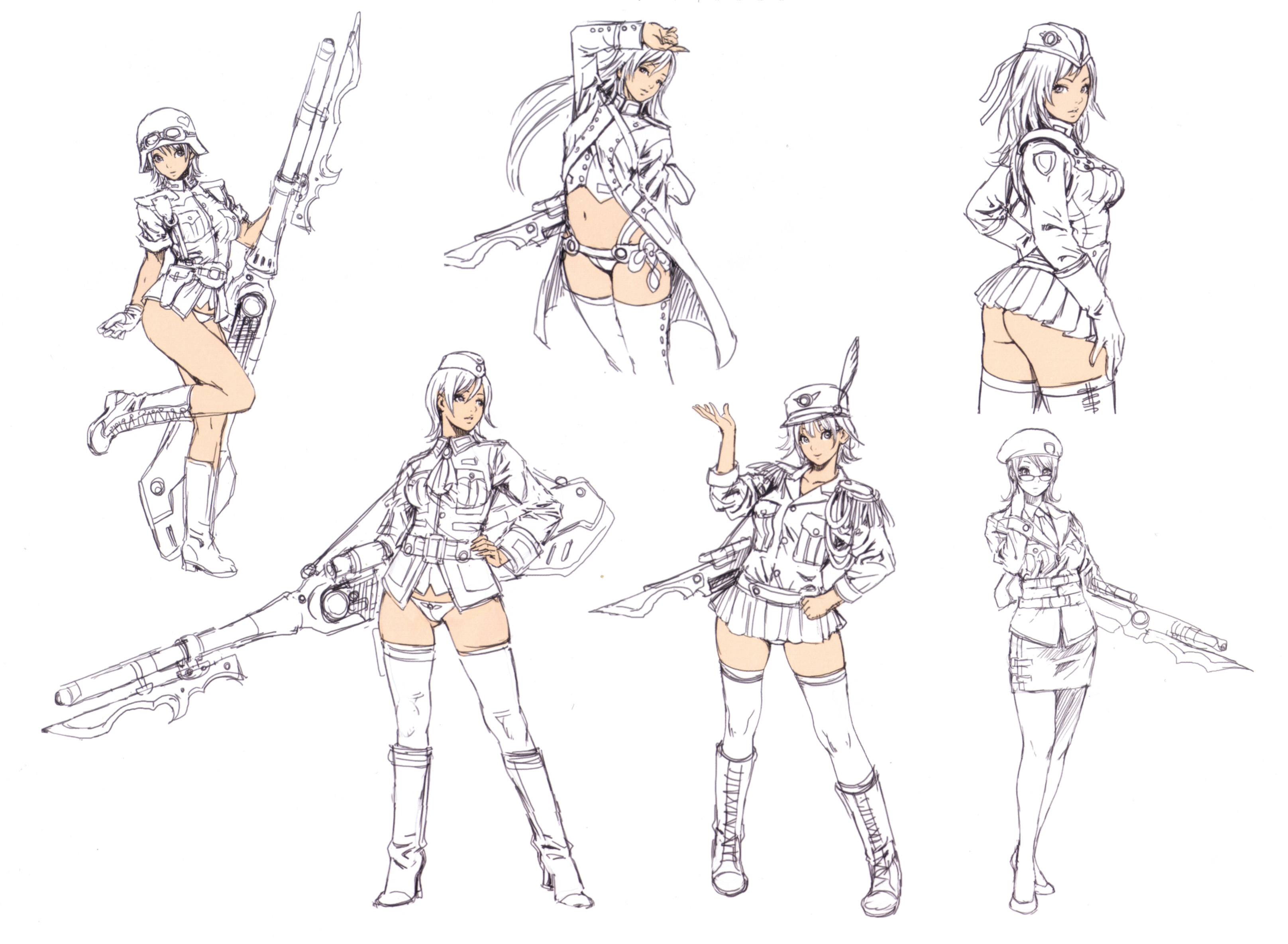 yamashita shun'ya, nida schuetlitch, shuraki, wild flower, absurdres, highres, non-web source, 6+girls, arm up, ass, bayonet, beret, boots, bottomless, coat, feathers, garrison cap, glasses, gloves, goggles, gun, hand on own hip, hat, helmet, high heels, hip focus, huge weapon, knee boots, knife, legs, long hair, looking back, microskirt, military, military uniform, miniskirt, monochrome, multiple girls, no panties, no pants, panties, pantyhose, partially colored, peaked cap, reference sheet, rifle, short hair, sketch, skirt, sleeves rolled up, smile, standing, standing on one leg, thighhighs, trench coat, underwear, weapon, zettai ryouiki