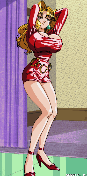 tachibana mifuyu, pachinko sexy reaction, sammy, 1990s (style), 1girl, adjusting hair, arms behind head, arms up, bare legs, belt, blonde hair, breasts, cleavage, dress, earrings, female focus, floor, high heels, huge breasts, jewelry, large breasts, legs, long hair, looking at viewer, narrow waist, red dress, red heels, red shoes, retro artstyle, shoes, short dress, skirt, smile, solo, standing, taut clothes, taut dress