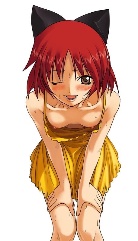 a1 (initial-g), kousaka tamaki, to heart (series), to heart 2, hands on thighs, 00s, 1girl, ;d, aged down, animal ears, bare shoulders, bent over, blush, brown eyes, collarbone, downblouse, dress, fake animal ears, female focus, flat chest, leaning forward, looking at viewer, nipple slip, nipples, no bra, one eye closed, open mouth, red hair, short hair, simple background, smile, solo, standing, sweat, white background, wink
