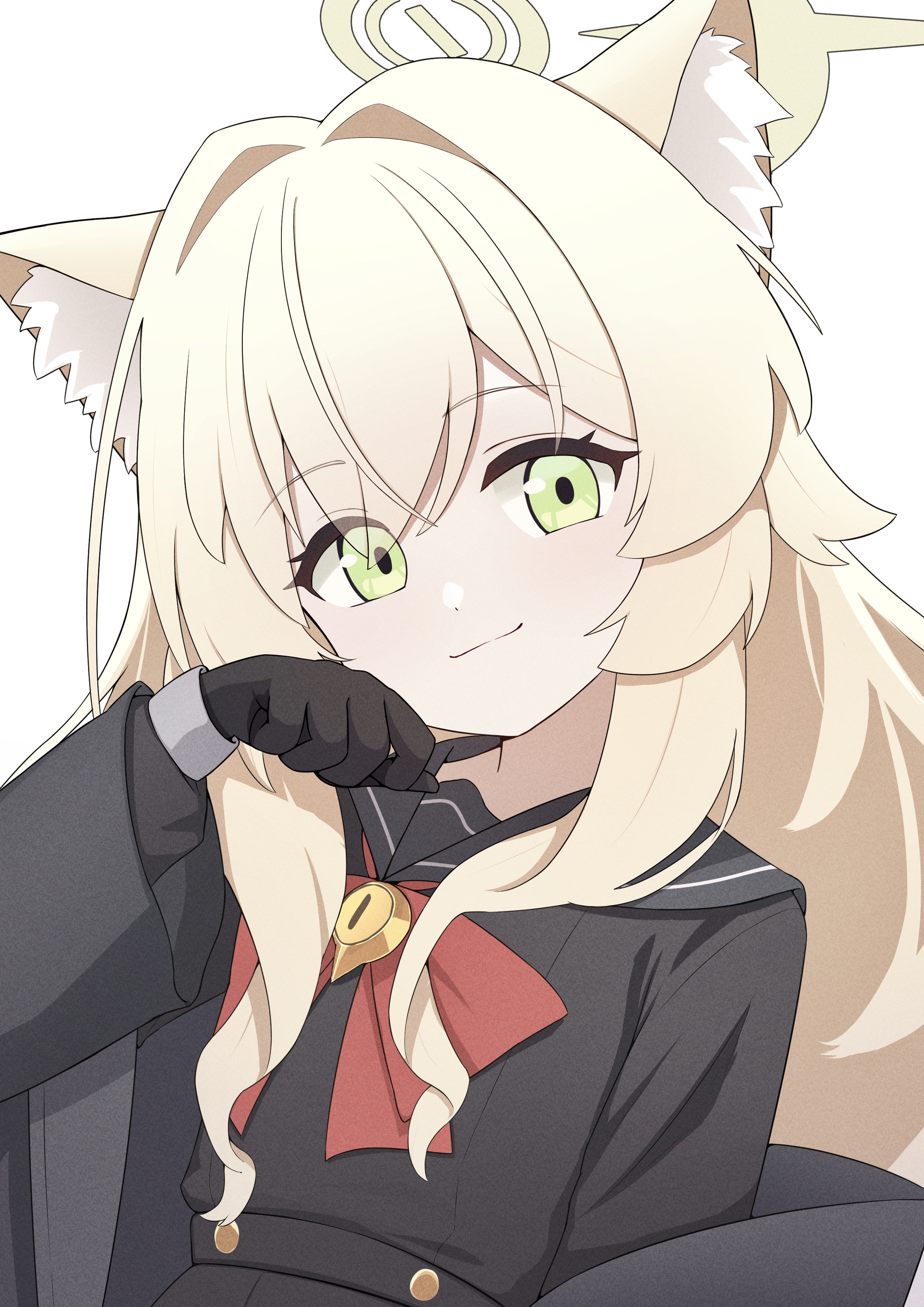 negi 0712, professor niyaniya (blue archive), blue archive, fluffy hair, absurdres, highres, 1girl, animal ears, black coat, black sailor collar, black serafuku, bow, bowtie, cat ears, coat, green eyes, halo, long hair, looking at viewer, open clothes, open coat, red bow, red bowtie, sailor collar, school uniform, serafuku, side ahoge, smile, solo, white background, yellow halo