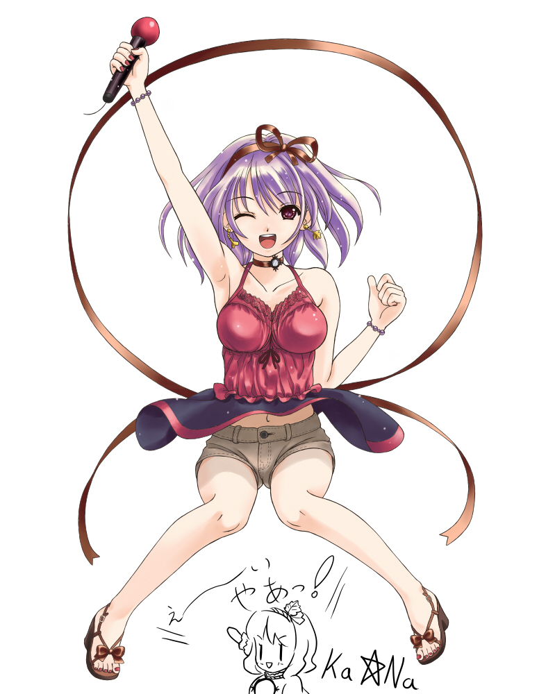 gorota, yasaka kanako, touhou, bad id, bad pixiv id, 2girls, breasts, female focus, full body, idol, microphone, multiple girls, ribbon, sandals, shoes, shorts, simple background, solo, standing, white background