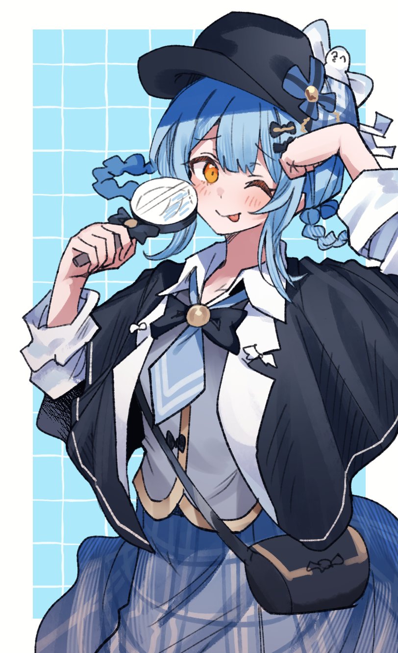 toriyarou, tachibana sherry, mahou shoujo no majo saiban, commentary request, highres, 1girl, ;p, black bag, black capelet, black hat, blue background, blue hair, blue necktie, blue skirt, border, braid, braided hair rings, capelet, collared shirt, cowboy shot, deerstalker, detective, grey vest, hair rings, hands up, hat, holding, holding magnifying glass, long sleeves, looking at viewer, magical girl, magnifying glass, necktie, one eye closed, outside border, plaid clothes, plaid skirt, shirt, short hair, skirt, smile, solo, standing, tongue, tongue out, vest, white border, white shirt, yellow eyes