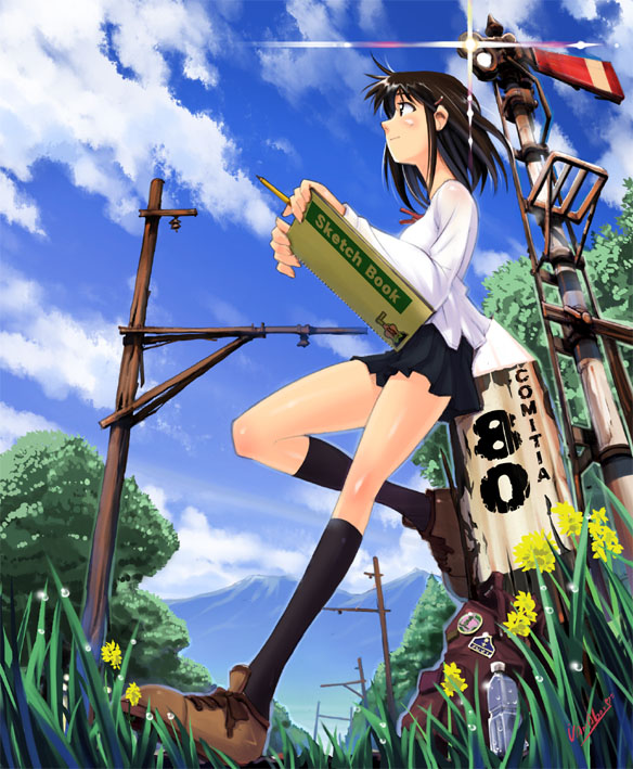 vania600, artist request, 1girl, bag, black hair, black socks, book, bottle, cloud, day, female focus, flower, from below, from side, grass, hair ornament, hairclip, kneehighs, leaning, looking up, profile, railroad signal, short hair, sketchbook, skirt, sky, socks, solo, tree, utility pole