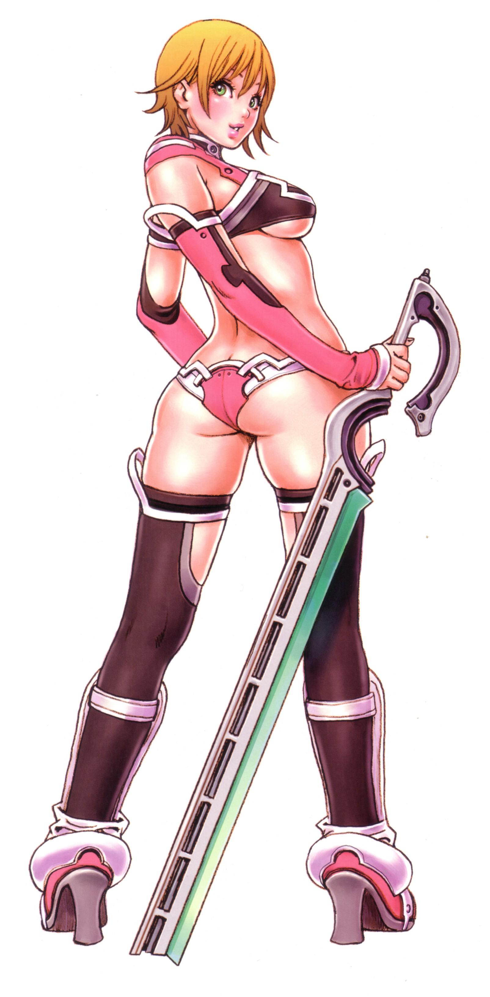 yamashita shun'ya, rudy (yamashita shunya), wild flower, absurdres, highres, 1girl, ass, back, black thighhighs, blonde hair, blush, breasts, brown hair, butt crack, detached sleeves, elbow gloves, female focus, from behind, gloves, green eyes, high heels, lipstick, looking back, lowleg, makeup, no pants, shoes, short hair, smile, solo, sword, thighhighs, underboob, weapon