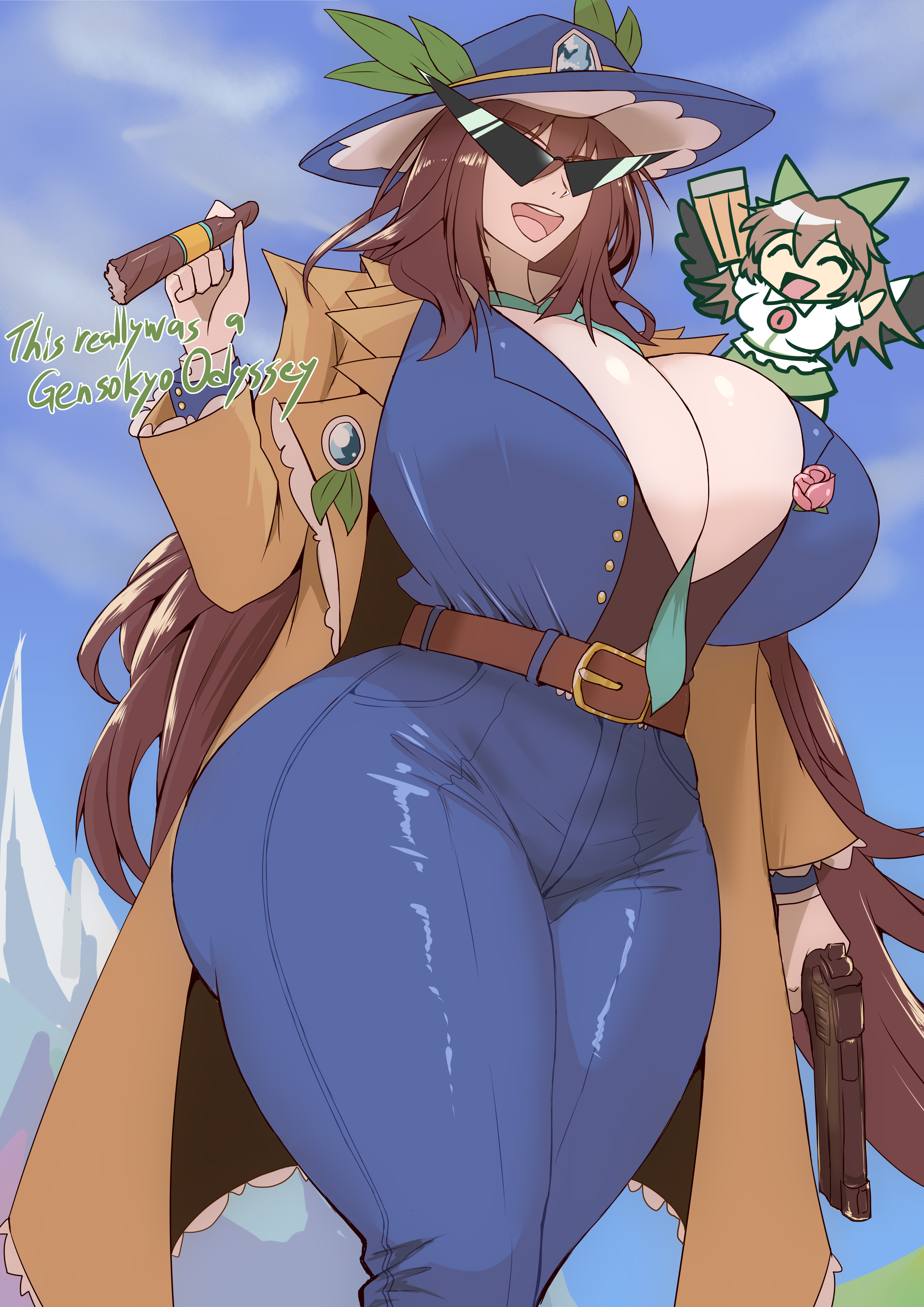 sha-pei sahei, kakkoi elbertson, reiuji utsuho, gensokyo odyssey, touhou, absurdres, highres, ass, beretta 92, blue suit, breasts, brown hair, cleavage, curvy, formal clothes, gun, handgun, huge ass, huge breasts, long hair, necktie, suit, sunglasses, thick thighs, thighs, triangular eyewear, weapon, wide hips
