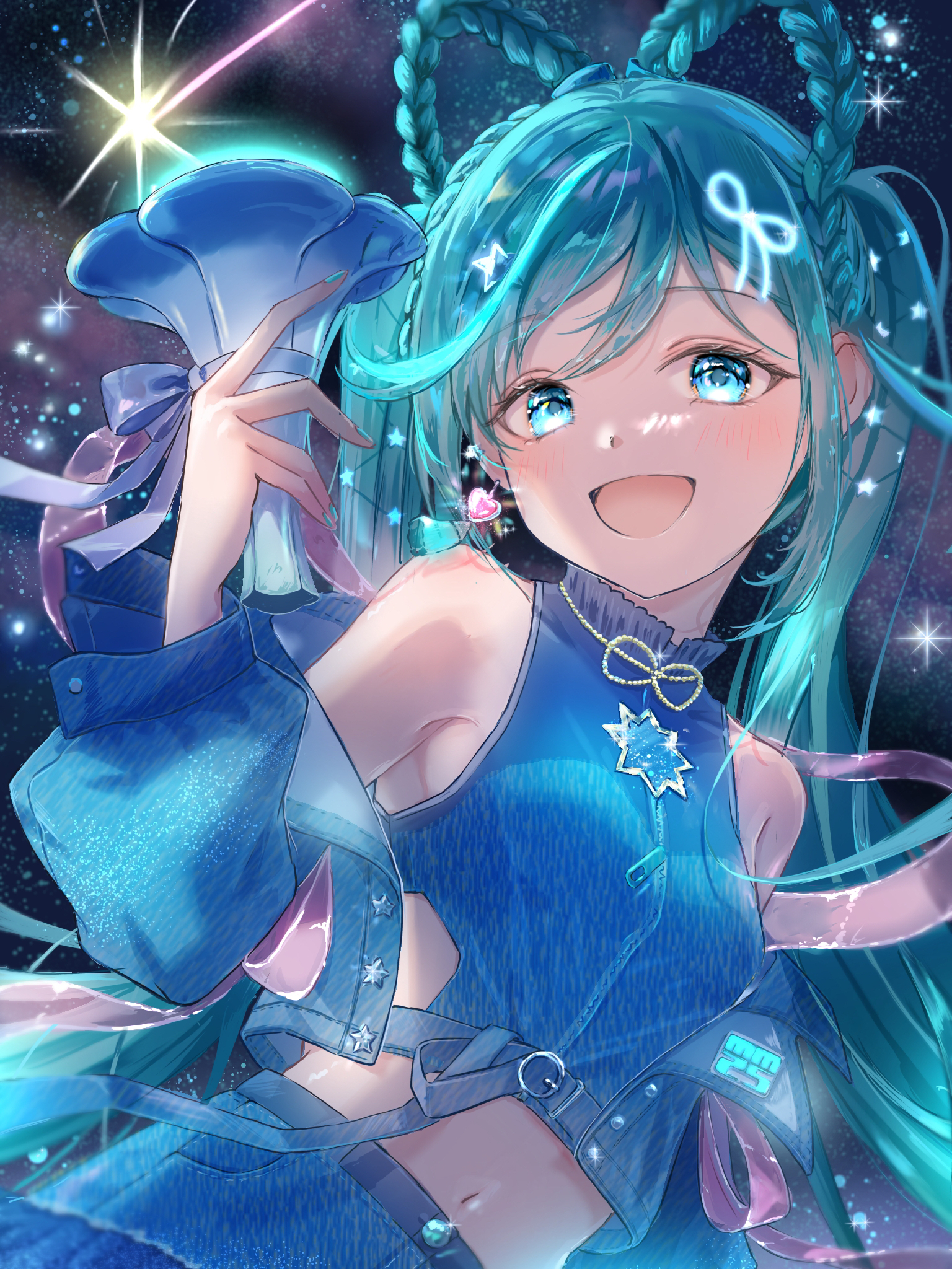 kayan n, hatsune miku, magical mirai miku, magical mirai miku (2025), magical mirai (vocaloid), vocaloid, highres, 1girl, aqua hair, aqua nails, blue eyes, blue jacket, blue skirt, blush, braid, braided hair rings, crop top, earrings, hair ornament, hair rings, heart, heart earrings, holding, holding microphone, jacket, jewelry, long hair, long sleeves, looking at viewer, microphone, midriff, navel, official alternate costume, official alternate hairstyle, open clothes, open jacket, open mouth, shirt, single earring, skirt, sleeveless, sleeveless shirt, smile, solo, star (symbol), star hair ornament, twintails, very long hair