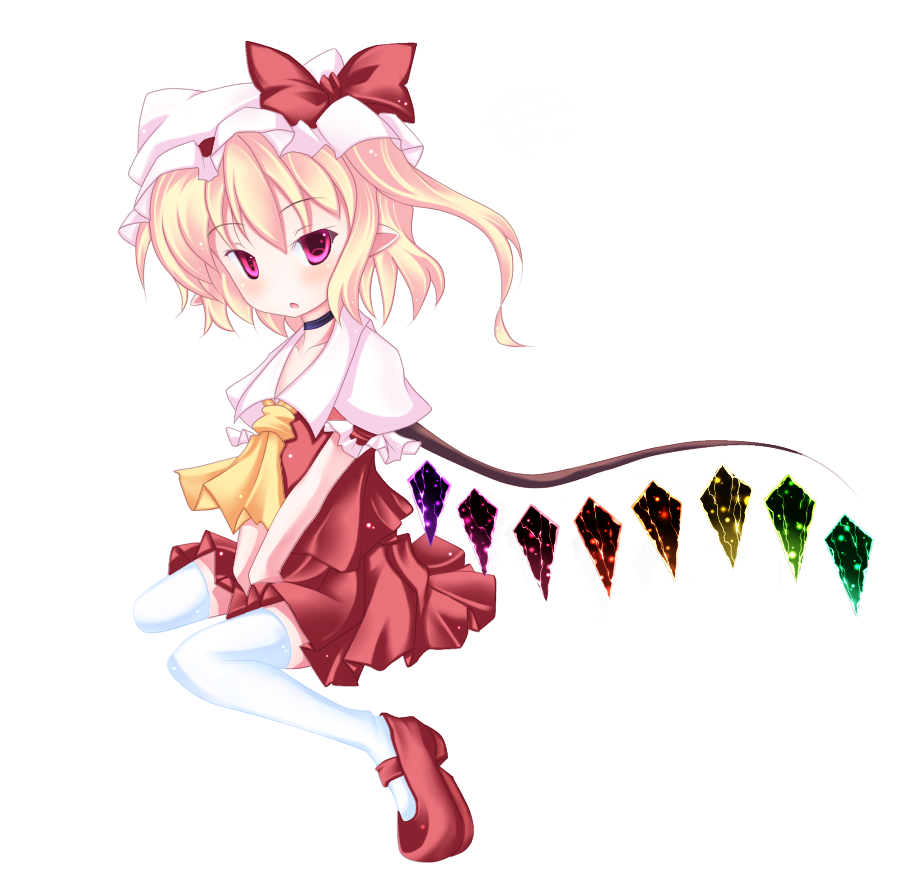 kiyomin, flandre scarlet, touhou, bad id, bad pixiv id, 1girl, blonde hair, female focus, full body, hat, mob cap, pointy ears, ponytail, ribbon, simple background, sitting, solo, thighhighs, white background, white thighhighs, wings