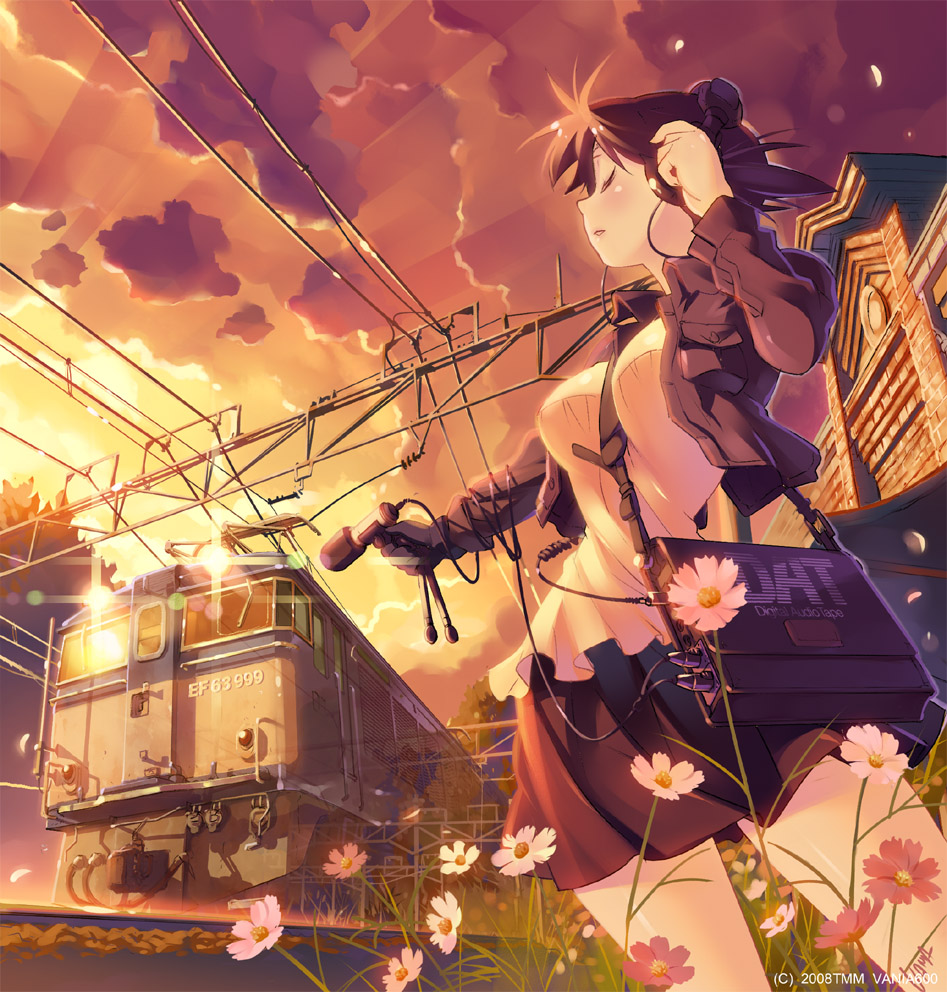 vania600, 00s, 1girl, 2008, bad anatomy, closed eyes, cloud, cowboy shot, female focus, flower, grass, headphones, light rays, microphone, outdoors, petals, profile, short hair, sky, solo, sunbeam, sunlight, sunset, train