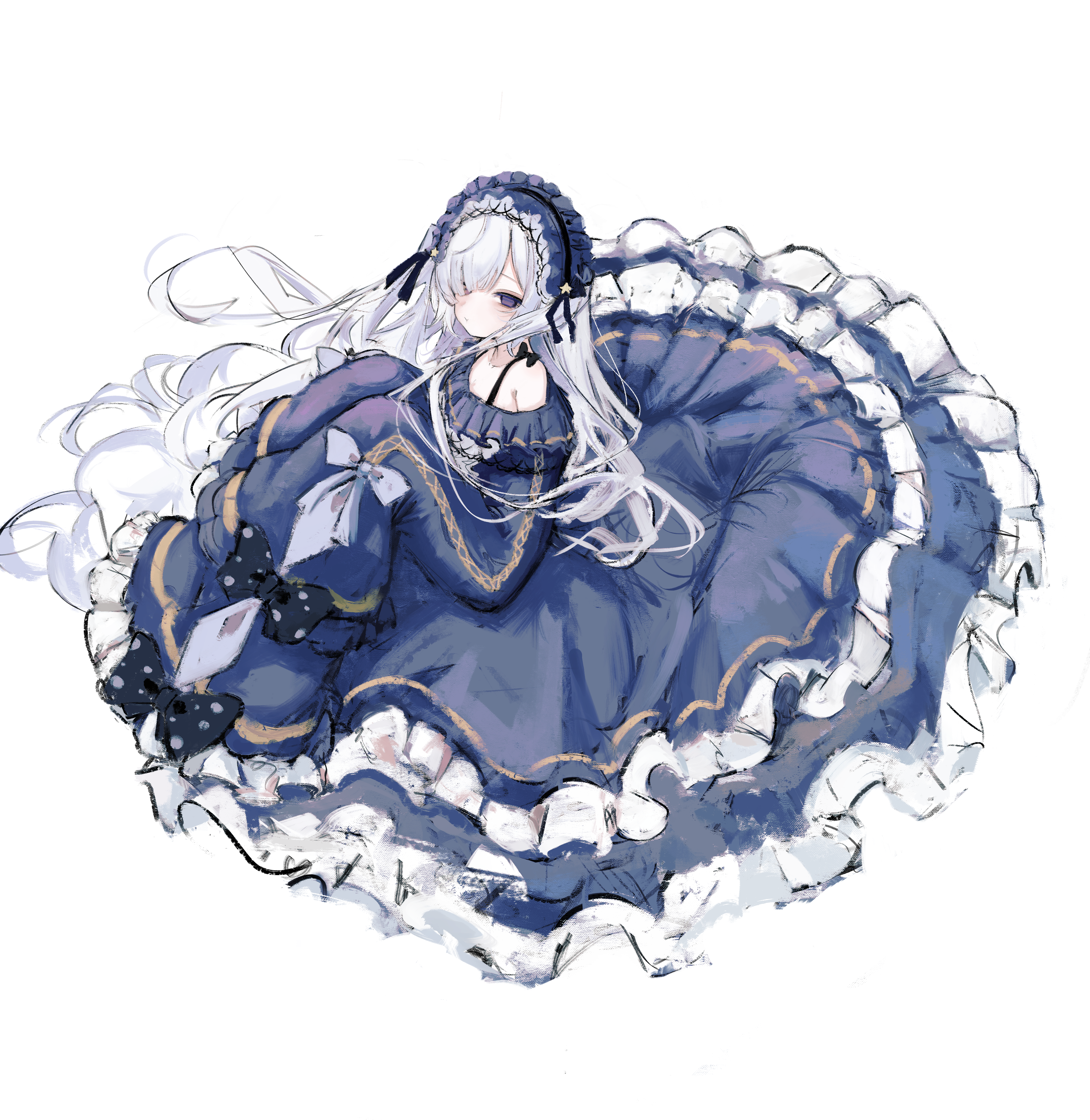kowai7305, natsume anan, mahou shoujo no majo saiban, absurdres, commentary request, highres, 1girl, bow, dress, empty eyes, frilled dress, frills, full body, gothic lolita, hair over one eye, hairband, lolita fashion, lolita hairband, long hair, looking at viewer, magical girl, messy hair, oversized clothes, polka dot, polka dot bow, purple dress, purple eyes, purple hairband, simple background, sleeves past fingers, sleeves past wrists, solo, tied sleeves, very long hair, white background, white hair