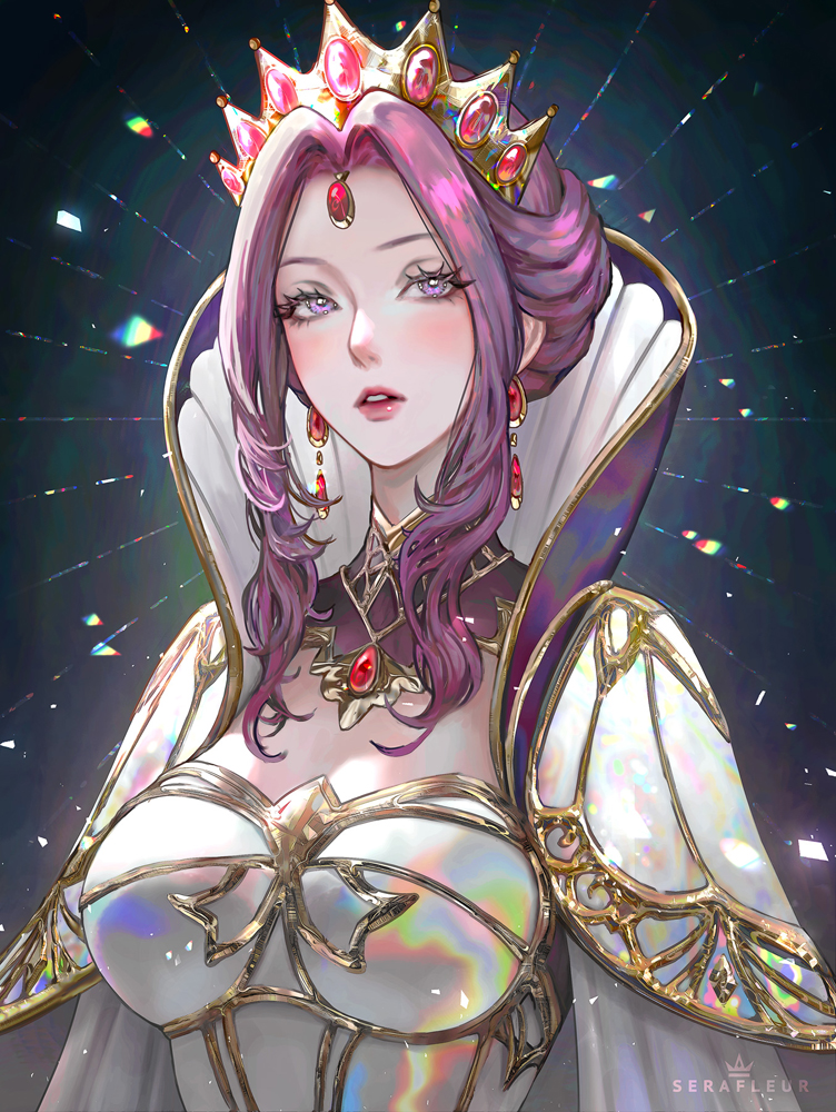serafleur, mirelia q melromarc, tate no yuusha no nariagari, commentary, 1girl, artist name, breasts, collar, crown, detached collar, earrings, forehead jewel, gem, jewelry, large breasts, mature female, parted lips, purple collar, purple eyes, purple hair, queen, red gemstone, sidelocks, solo
