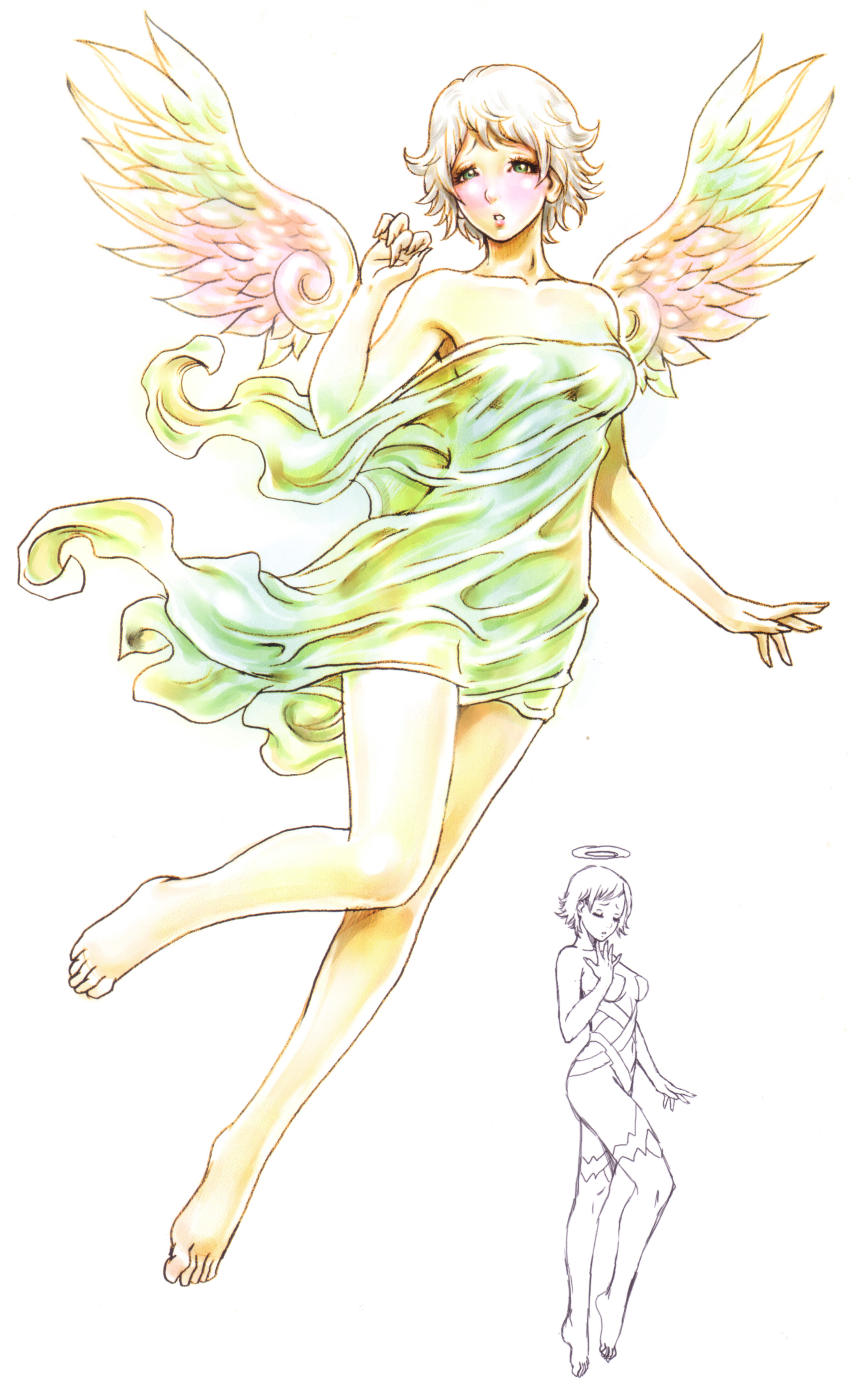 yamashita shun'ya, wild flower, silver hair, absurdres, highres, non-web source, 1girl, bare shoulders, barefoot, bed sheet, blush, closed eyes, embarrassed, feet, female focus, fingernails, from side, full body, half-closed eyes, halo, long fingernails, mini wings, naked sheet, raised eyebrows, revealing clothes, short hair, simple background, standing, swept bangs, thigh strap, white background, wings