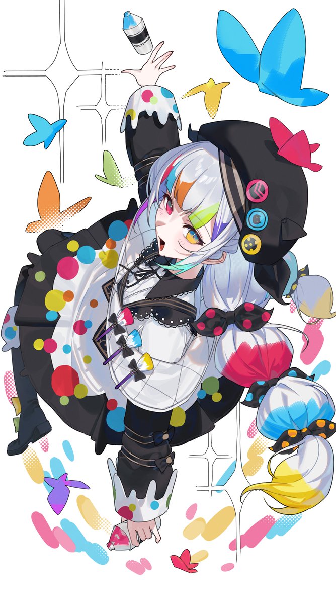 d4kou16, jougasaki noa, mahou shoujo no majo saiban, highres, 1girl, artist painter, beret, black boots, black bow, black jacket, black ribbon, blue butterfly, boots, bow, bug, butterfly, from above, full body, hair bow, hat, heterochromia, holding, holding spray can, insect, jacket, long hair, long sleeves, looking at viewer, magical girl, multi-tied hair, multicolored hair, neck ribbon, open mouth, orange butterfly, paint splatter, paintbrush, pink butterfly, polka dot, polka dot bow, print skirt, purple butterfly, ribbon, skirt, smile, solo, spray can, streaked hair, white background, white hair, yellow eyes