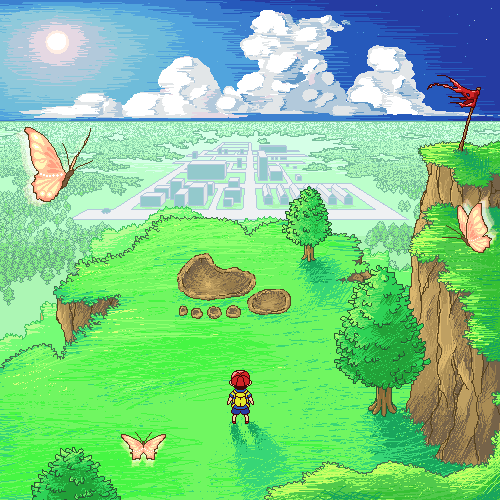 ness (mother 2), mother (series), mother 2, nintendo, lowres, 1boy, bug, butterfly, child, cliff, cloud, day, footprints, insect, landscape, male focus, nature, pixel art, scenery, sky, solo, wide shot