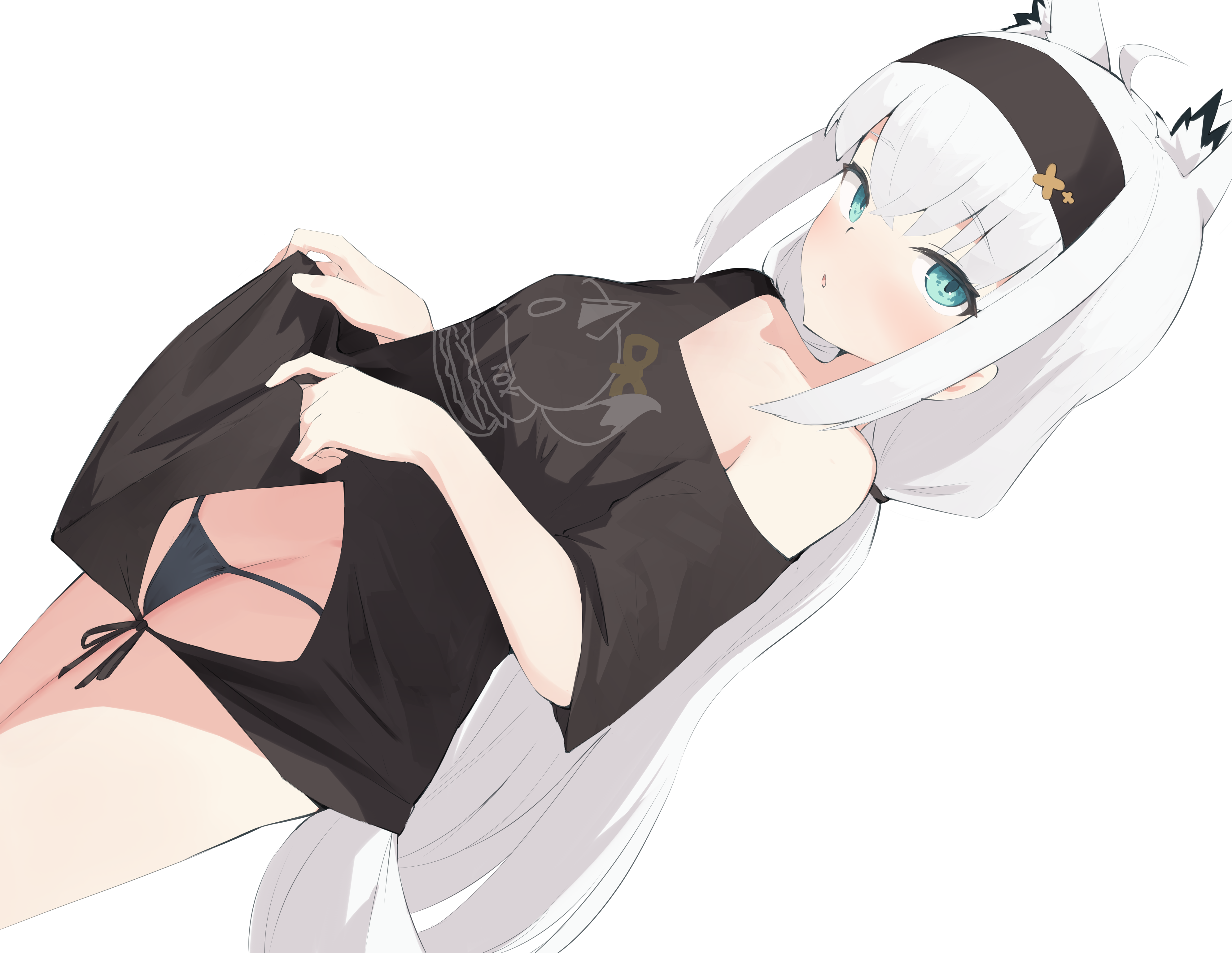 recklessdraw, shirakami fubuki, hololive, absurdres, bilingual commentary, commentary, english commentary, highres, mixed-language commentary, 1girl, animal ears, black shirt, blue eyes, extra ears, fox ears, fox girl, fox tail, long hair, looking at viewer, open mouth, shirt, simple background, single bare shoulder, solo, tail, white background, white hair