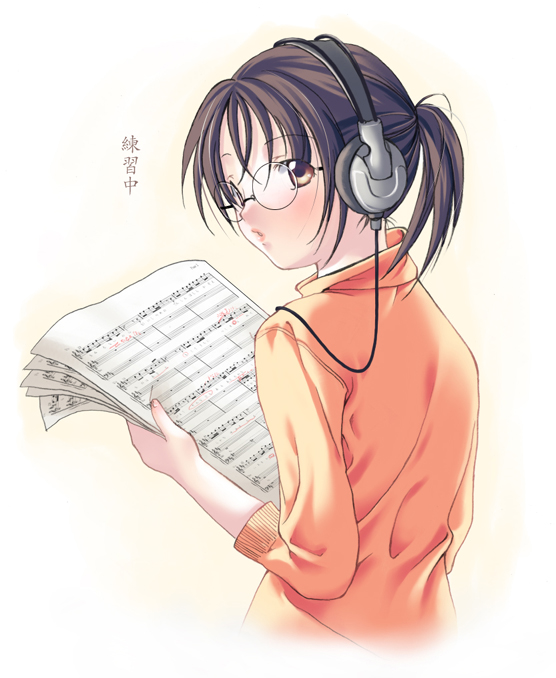 third-party source, 1girl, bass clef, beamed quavers, brown eyes, brown hair, female focus, glasses, headphones, looking back, musical note, ponytail, quaver, sheet music, short hair, solo, treble clef