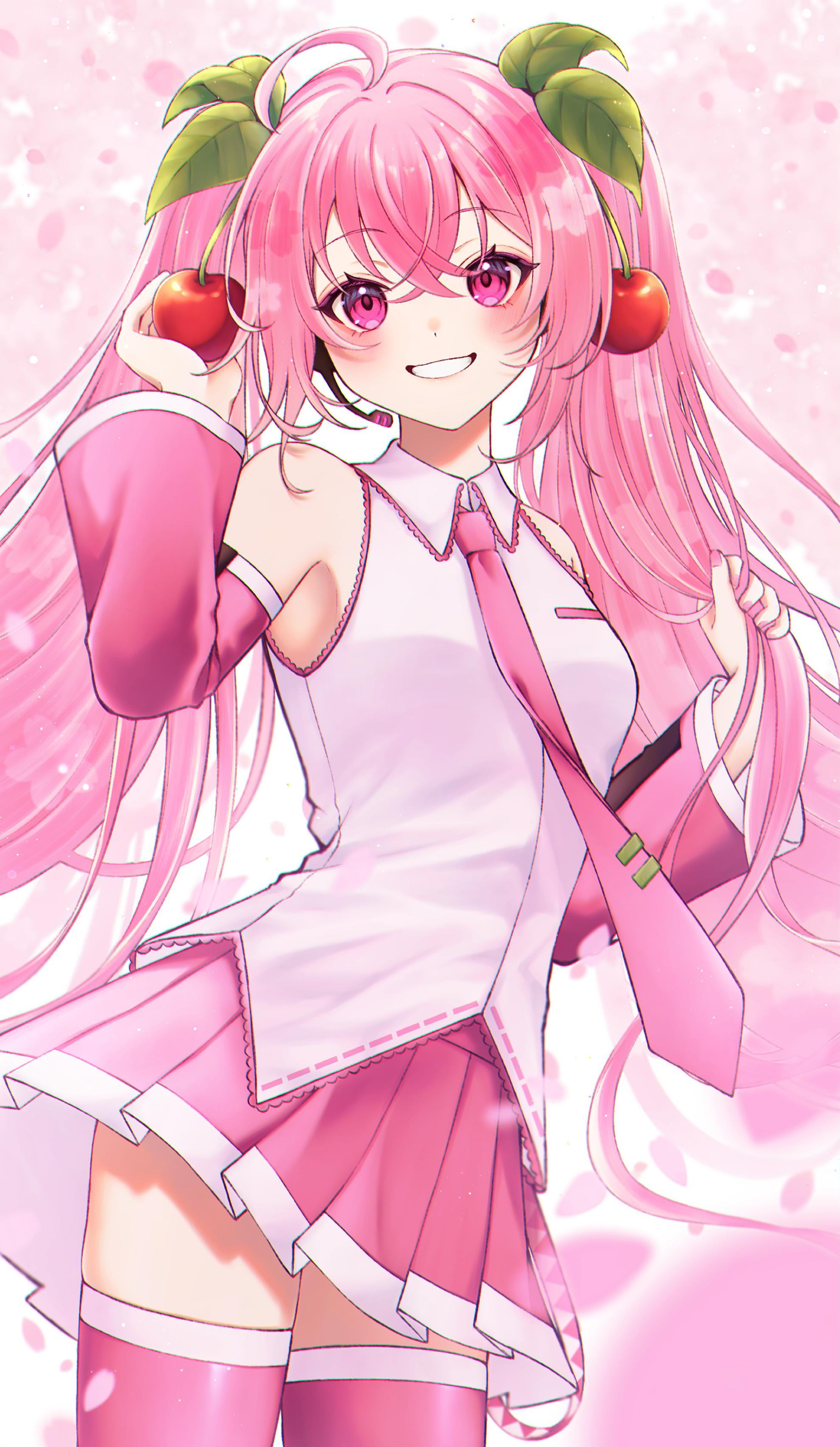 hatsune miku, sakura miku, vocaloid, absurdres, highres, 1girl, ahoge, blush, breasts, cherry hair ornament, collared shirt, detached sleeves, food-themed hair ornament, hair between eyes, hair ornament, headset, long hair, long sleeves, looking at viewer, medium breasts, namekonnfnnf, necktie, pink eyes, pink hair, pink nails, pink necktie, pink shirt, pink skirt, pleated skirt, shirt, skirt, smile, solo, thighhighs, twintails, very long hair, white shirt, wide sleeves, zettai ryouiki