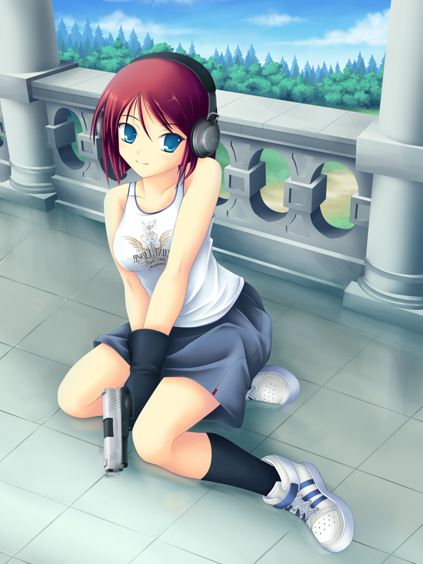 maxwindy, 1girl, bare shoulders, blue eyes, cloud, day, female focus, gloves, gun, handgun, headphones, pistol, railing, red hair, semi-automatic pistol, short hair, sitting, skirt, sky, solo, tank top, tree, weapon