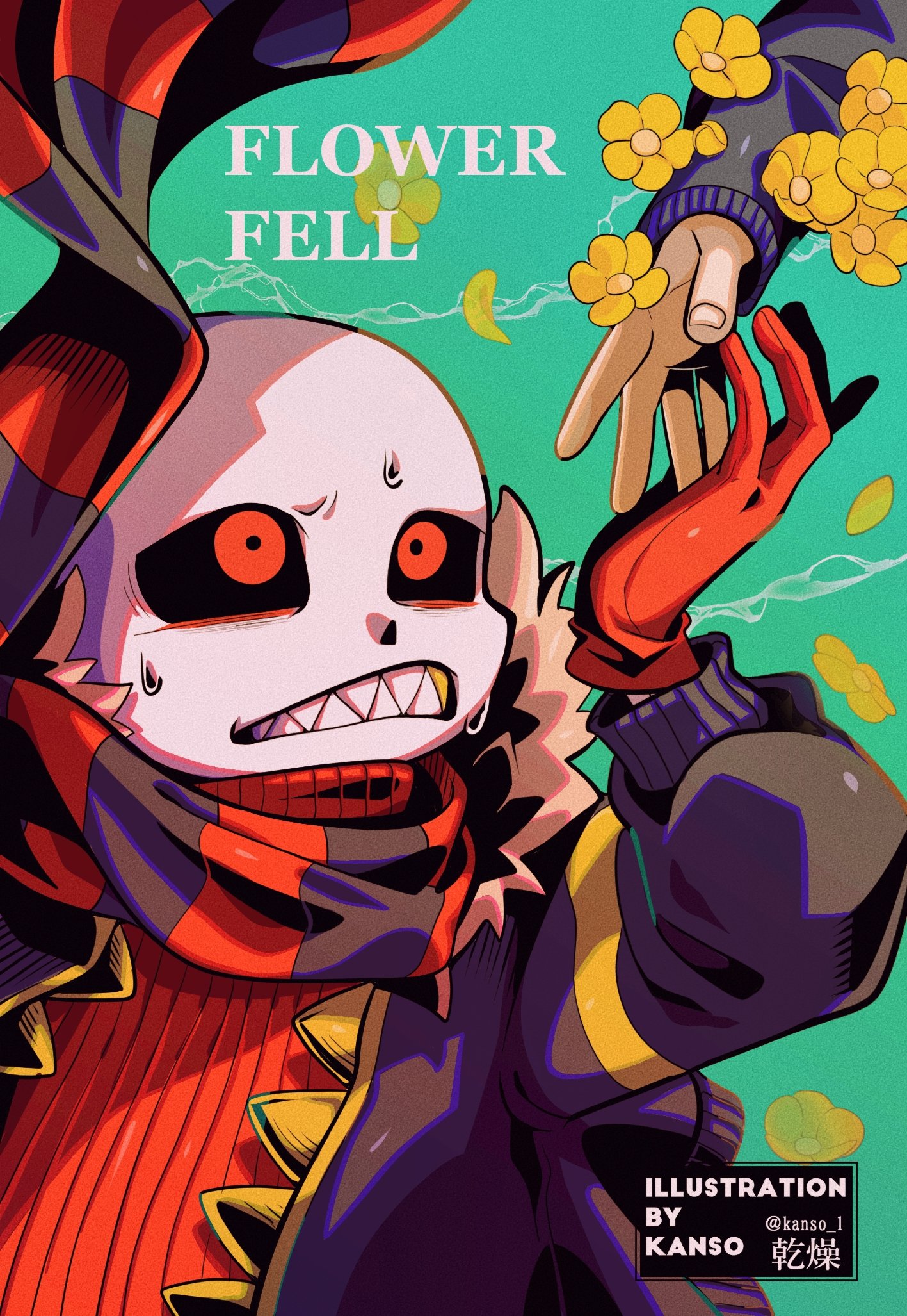 kansou (kanso 1), frisk (undertale), sans (undertale), flowerfell, undertale, utdr (toby fox), bad id, bad pixiv id, highres, inactive account, 1boy, 1other, alternate universe, black jacket, black scarf, clenched teeth, copyright name, film grain, fingernails, flower, frown, fur-trimmed jacket, fur trim, gloves, gold teeth, green background, hand up, jacket, long sleeves, looking at another, looking up, male focus, open clothes, open jacket, puffy long sleeves, puffy sleeves, red eyes, red gloves, red scarf, red sweater, ribbed sweater, scarf, sharp teeth, simple background, skeleton, solo focus, striped clothes, striped scarf, sweat, sweater, teeth, turtleneck, turtleneck sweater, twitter username, two-tone scarf, watermark, yellow flower, yellow petals