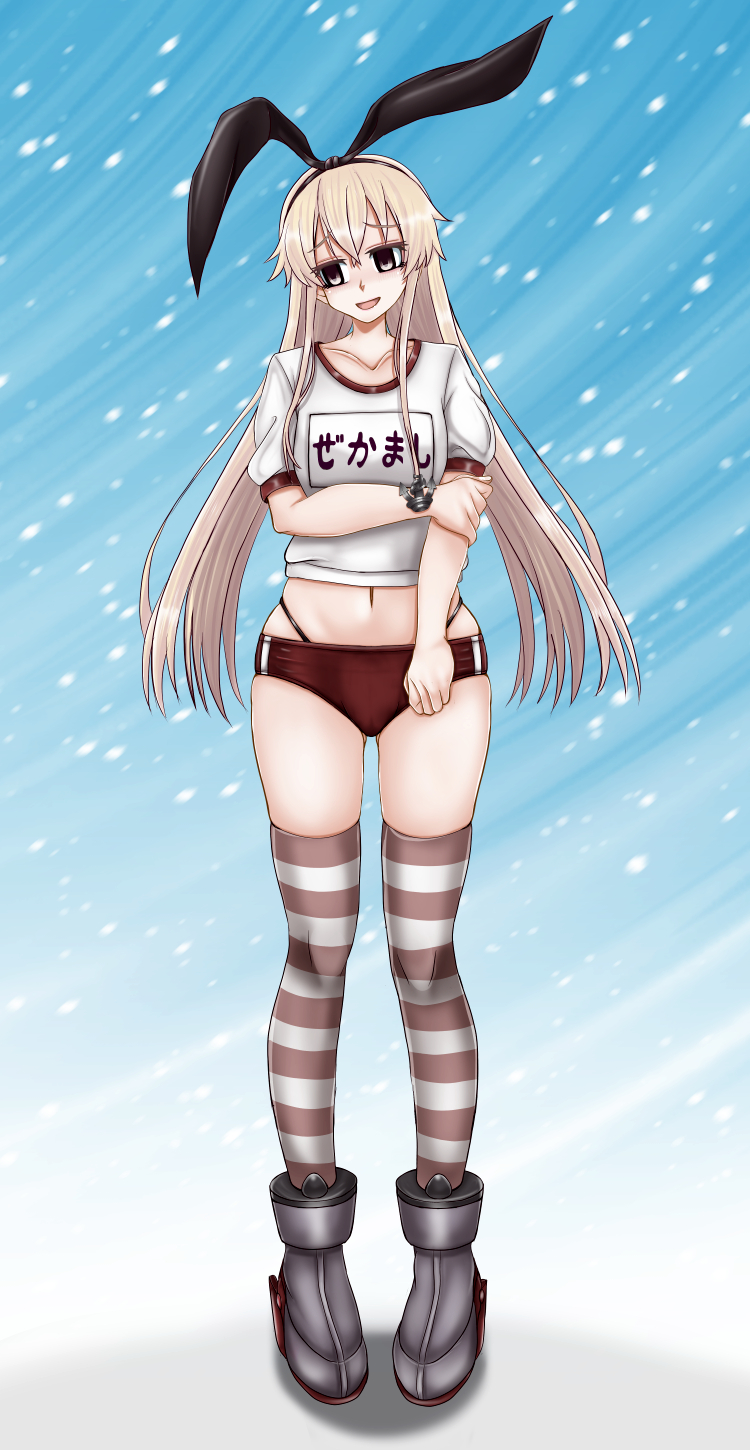 tk (butakuma), shimakaze (kancolle), kantai collection, highres, 1girl, alternate costume, anchor hair ornament, black hairband, black panties, blonde hair, buruma, full body, grey eyes, gym shirt, hair ornament, hairband, highleg, highleg panties, long hair, midriff, navel, panties, red buruma, shirt, short sleeves, skindentation, snow, solo, standing, striped clothes, striped thighhighs, thighhighs, underwear, very long hair