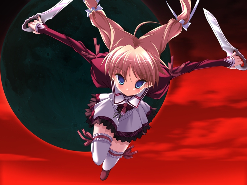 hirohara yukiko, 11eyes, 00s, 1girl, dual wielding, female focus, frilled thigh strap, holding, moon, red sky, school uniform, serafuku, sky, solo, sword, thigh strap, thighhighs, weapon, zettai ryouiki