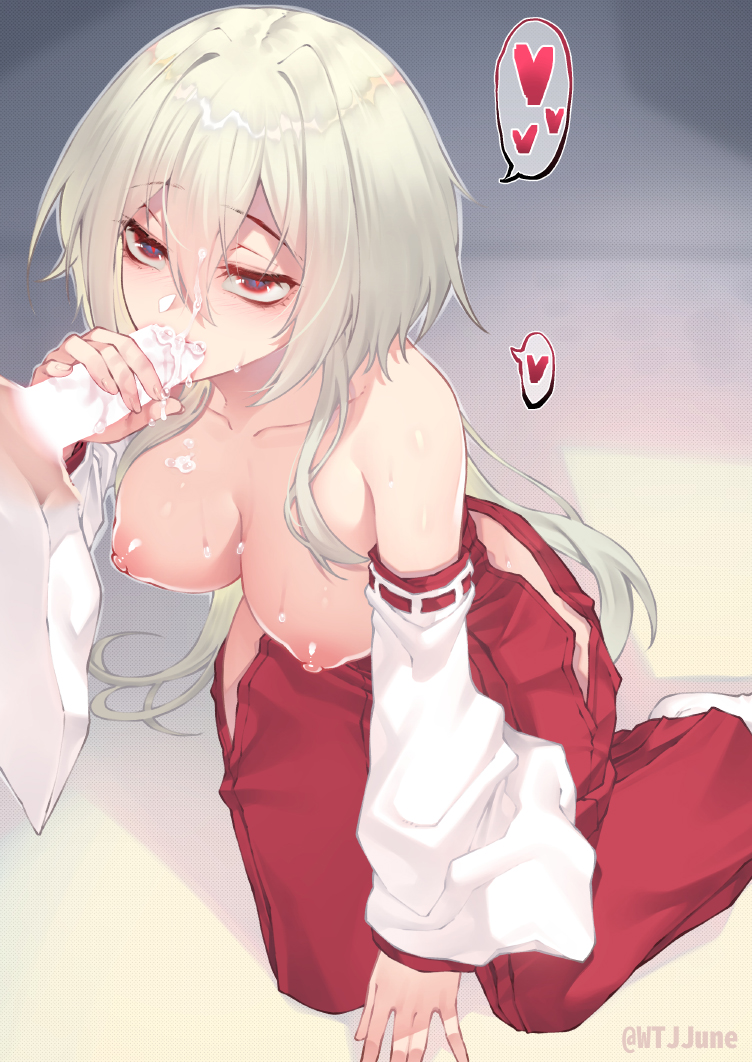 jjune, original, 1girl, bare shoulders, blank censor, blue eyes, blush, breasts, breath, censored, cum, cum on body, cum on breasts, cum on upper body, day, detached sleeves, eyelashes, facial, fellatio, full body, hair between eyes, hakama, hakama skirt, handjob gesture, heart, japanese clothes, kimono, kneeling, large breasts, long hair, looking at viewer, nipples, nontraditional miko, nose blush, open mouth, oral, pleated skirt, red skirt, skirt, solo, spoken heart, sunlight, tatami, twitter username, white hair, wide sleeves
