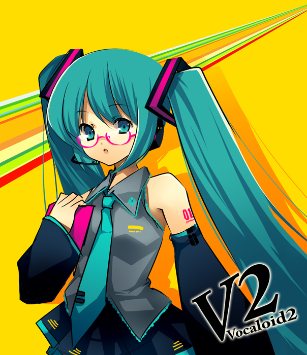 shinia, hatsune miku, atlus, persona, persona 4, vocaloid, 1girl, aqua hair, bespectacled, female focus, glasses, headset, long hair, necktie, parody, solo, twintails