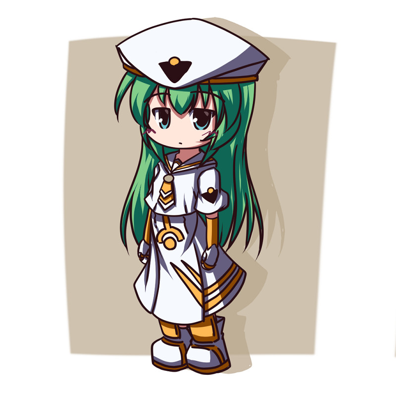 fictional sister, alice carroll, aria (manga), uniform, 00s, 1girl, aqua eyes, beret, blouse, boots, chibi, dress, female focus, full body, gloves, green eyes, green hair, hat, long hair, long sleeves, looking at viewer, matching hair/eyes, shirt, solo, standing, tabard, white shirt
