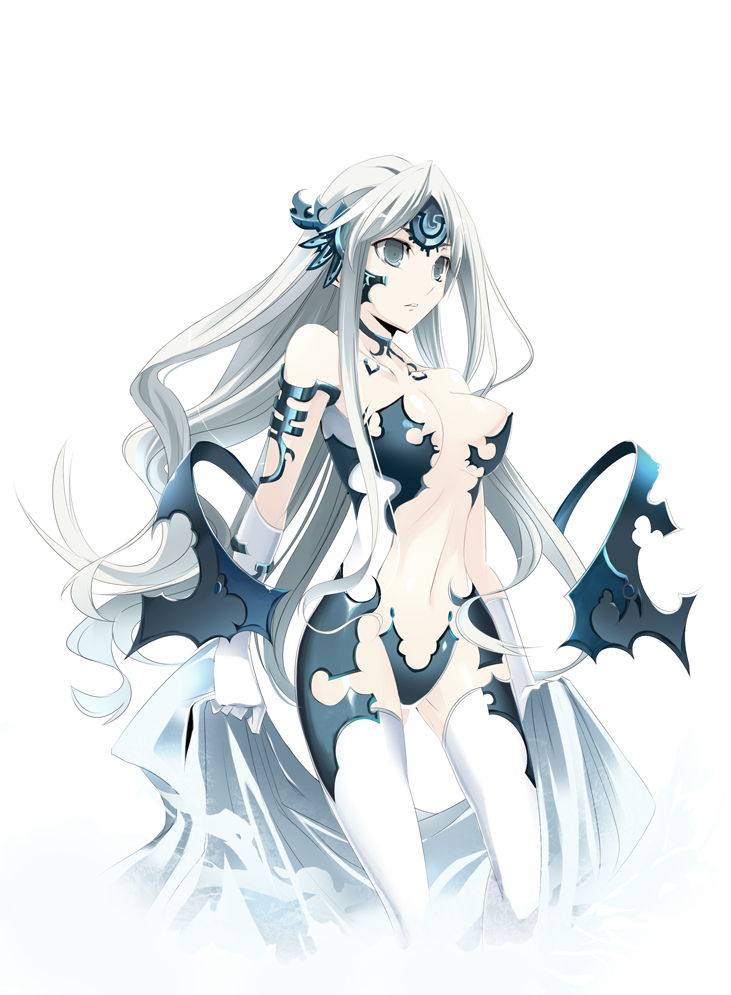 satomi (black scarecrow), original, 1girl, blue eyes, breasts, cleavage, female focus, gloves, jewelry, long hair, neck ring, revealing clothes, solo, thighhighs, white hair, white thighhighs