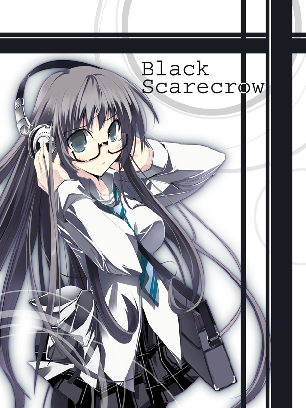 satomi (black scarecrow), original, 1girl, bag, black hair, blue eyes, female focus, glasses, headphones, long hair, necktie, satchel, school bag, school uniform, serafuku, solo