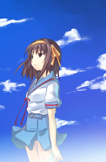gin'ichi (akacia), ginichi, suzumiya haruhi, suzumiya haruhi no yuuutsu, 00s, 1girl, blue skirt, blue sky, blush, brown eyes, brown hair, cloud, day, female focus, pleated skirt, sailor collar, school uniform, serafuku, short sleeves, skirt, sky, solo, standing