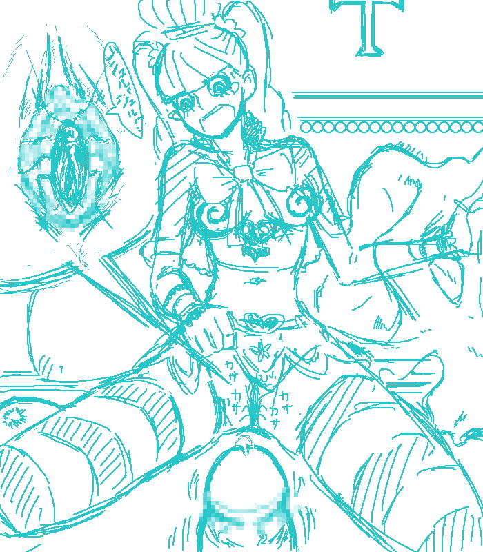 perona, one piece, 1girl, @ @, alternate legwear, bdsm, bondage, bound, bug, censored, clothes lift, long hair, midriff, navel, penis, shirt, skirt, skirt lift, solo, spider, sticky, striped clothes, striped thighhighs, tears, thighhighs, tight clothes, tight shirt