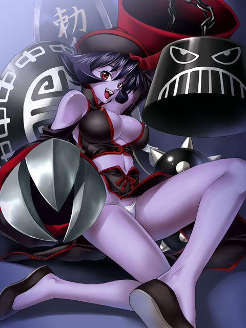 kagami hirotaka, hsien-ko, capcom, darkstalkers, 1girl, alternate color, blue hair, breasts, chain, claws, cleavage, colored skin, crop top, female focus, flipped hair, hat, jiangshi, large breasts, legs, long legs, mace, midriff, navel, off shoulder, panties, purple skin, qingdai guanmao, red eyes, short hair, sitting, smile, solo, thighs, underwear, weapon, white panties