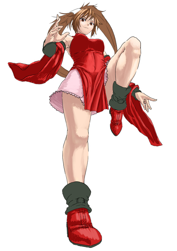 cuboon, kuradoberi jam, arc system works, guilty gear, 1girl, breasts, brown hair, china dress, chinese clothes, detached sleeves, dress, female focus, from below, full body, leg up, long sleeves, looking at viewer, medium breasts, red dress, simple background, solo, standing, standing on one leg, twintails, white background