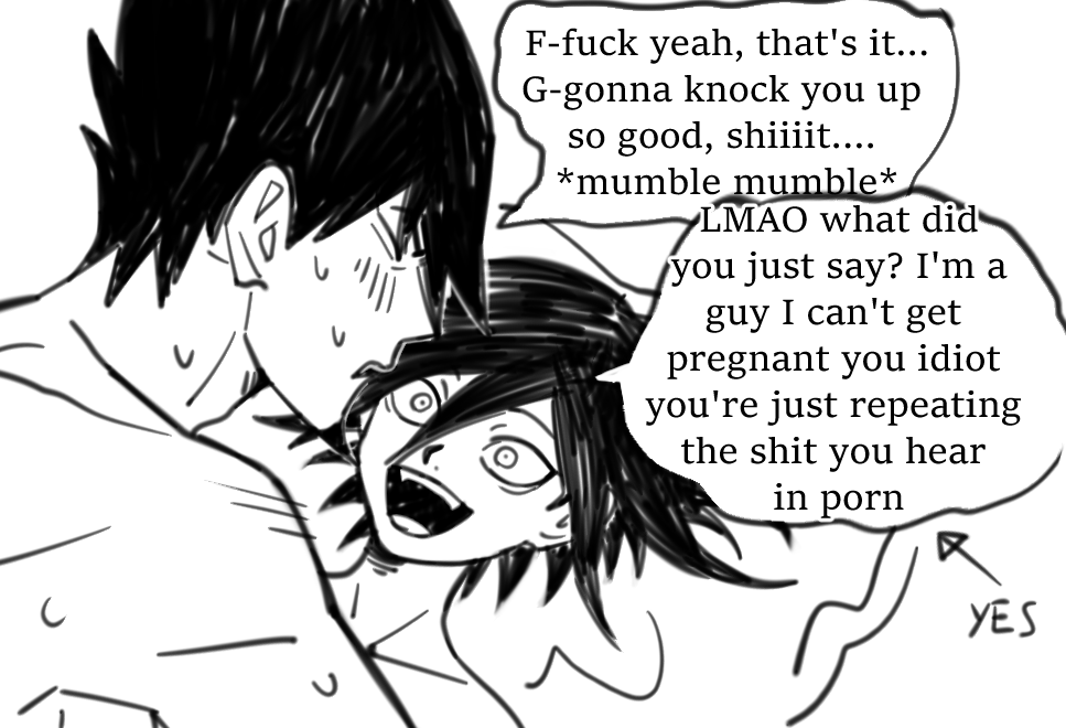 miri (bossu osu), momota kaito, oma kokichi, danganronpa (series), danganronpa v3: killing harmony, commentary, english commentary, 2boys, aegyo sal, blush, english text, greyscale, hair between eyes, male focus, monochrome, multiple boys, sex, speech bubble, sweat, yaoi
