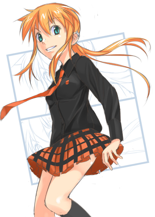 mizuki makoto, kageyama torako, hyakko, 00s, 1girl, blue eyes, female focus, kneehighs, necktie, orange hair, plaid clothes, plaid skirt, school uniform, serafuku, skirt, socks, solo