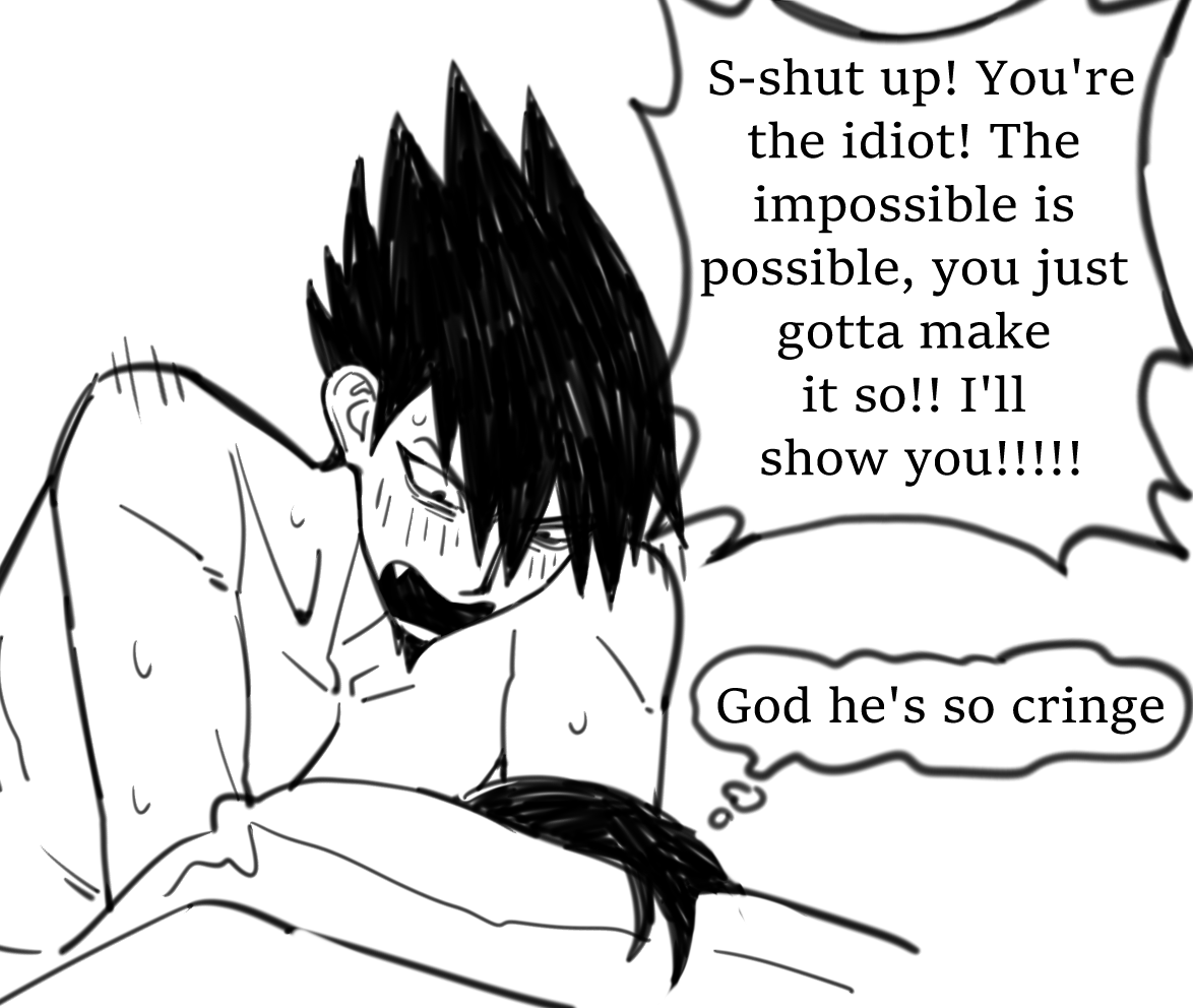 miri (bossu osu), momota kaito, oma kokichi, danganronpa (series), danganronpa v3: killing harmony, commentary, english commentary, 2boys, blush, english text, fang, greyscale, monochrome, multiple boys, pillow, sketch, speech bubble, sweat, thought bubble, yaoi